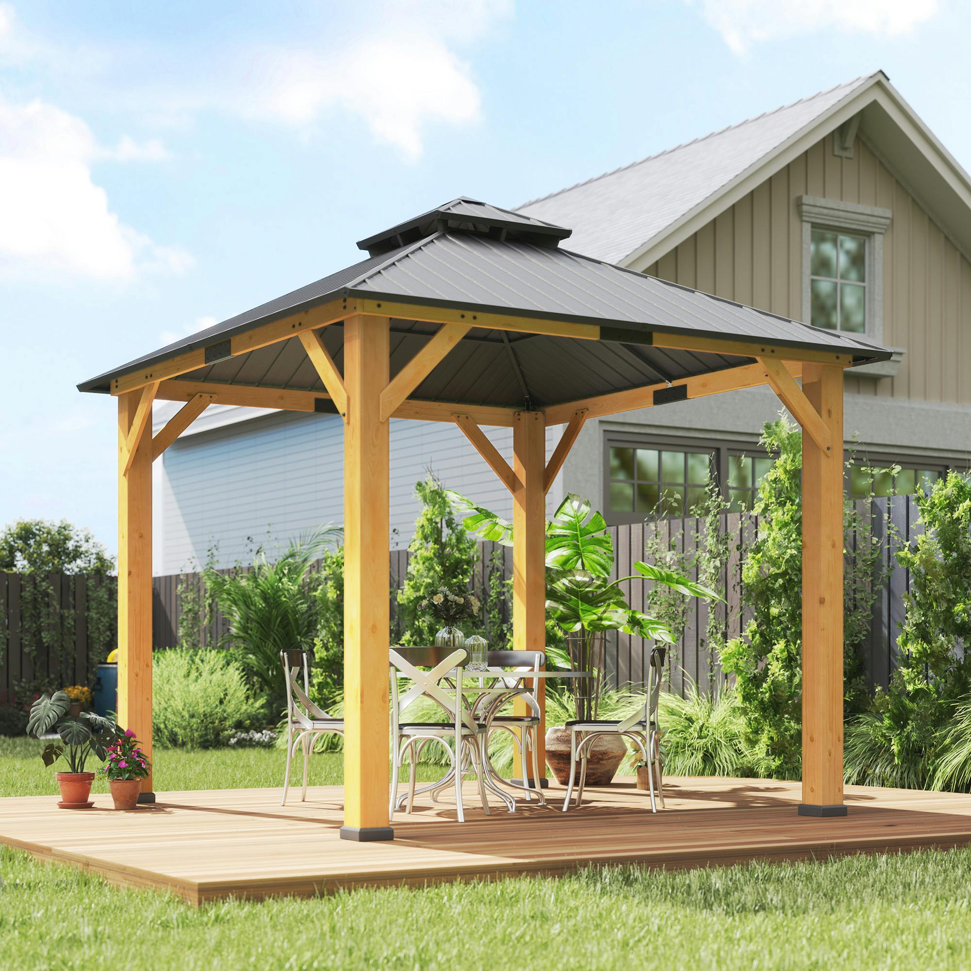 Rackhams Brown 3X(3)M Double-Tier Hardtop Gazebo, Outdoor Patio Shelter,