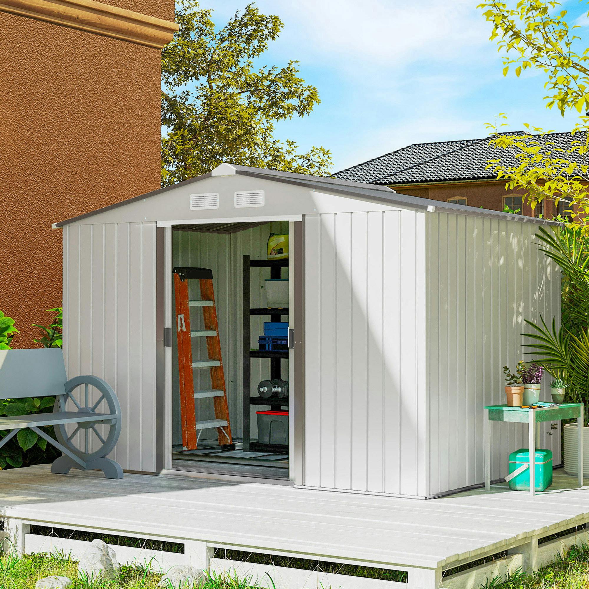 Outsunny Silver 9 X 6Ft Galvanised Garden Storage Shed With Sliding Door,