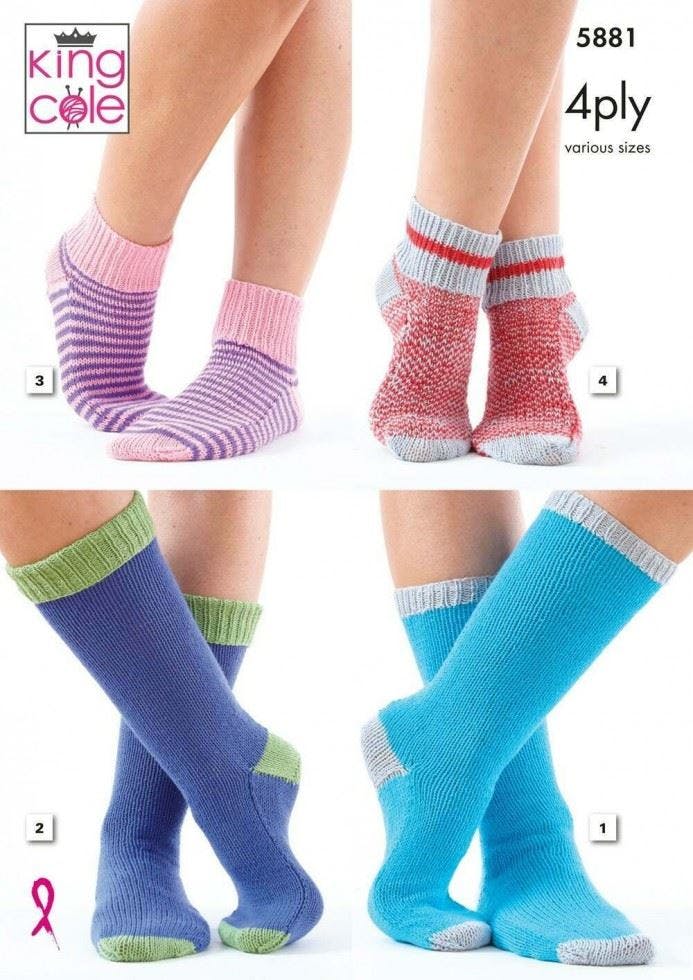 King Cole Cotton Socks 4 Ply Knitting Pattern 5881, Socks, Accessories For Kids, 5 Sizes