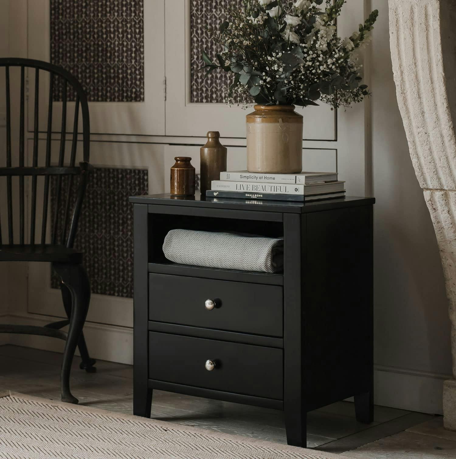 Rackhams Black Brooklyn Modern Bedside Table With Drawers And Shelf Assembled