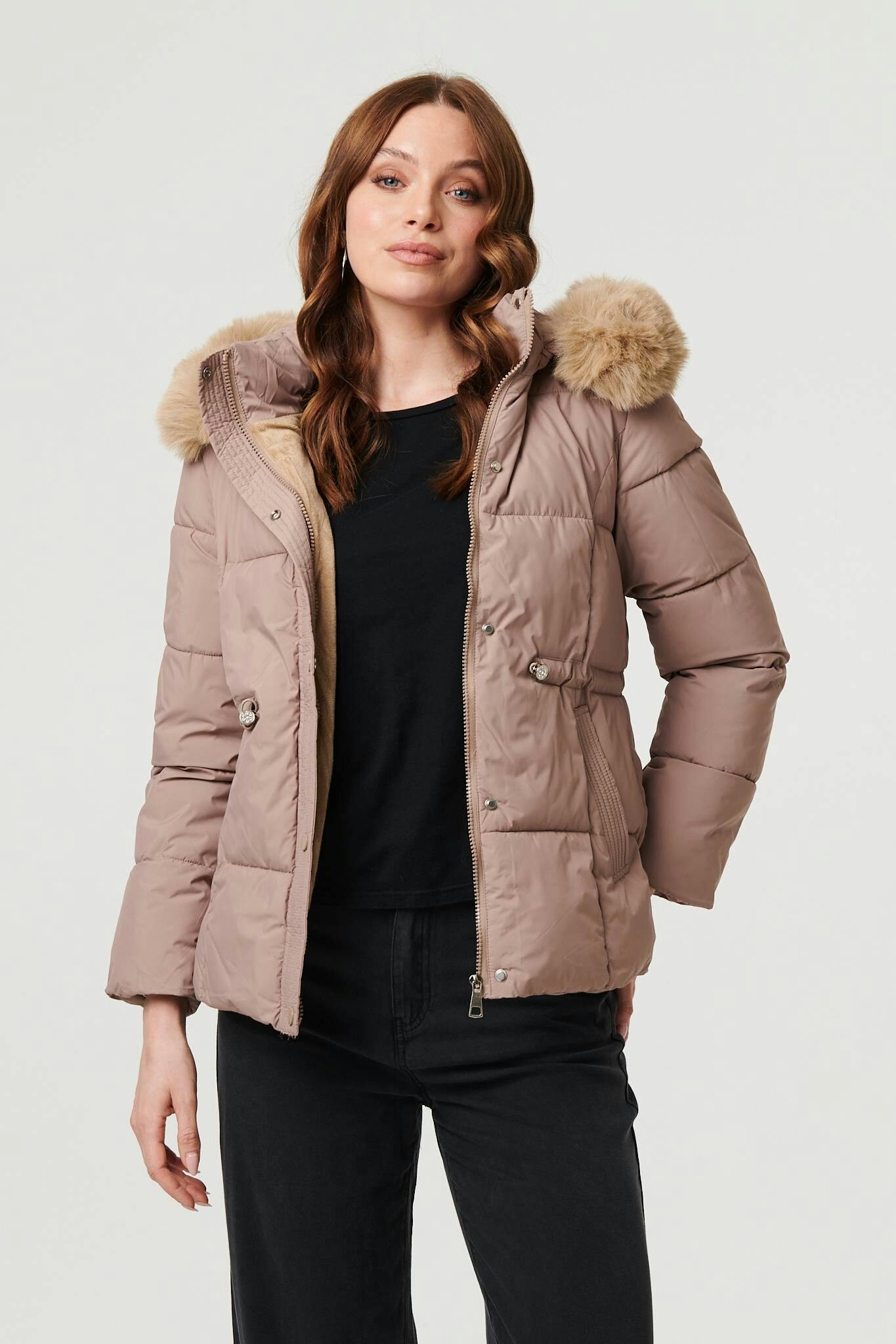 Izabel London Beige Faux Fur Trim Hood Puffer Jacket - L