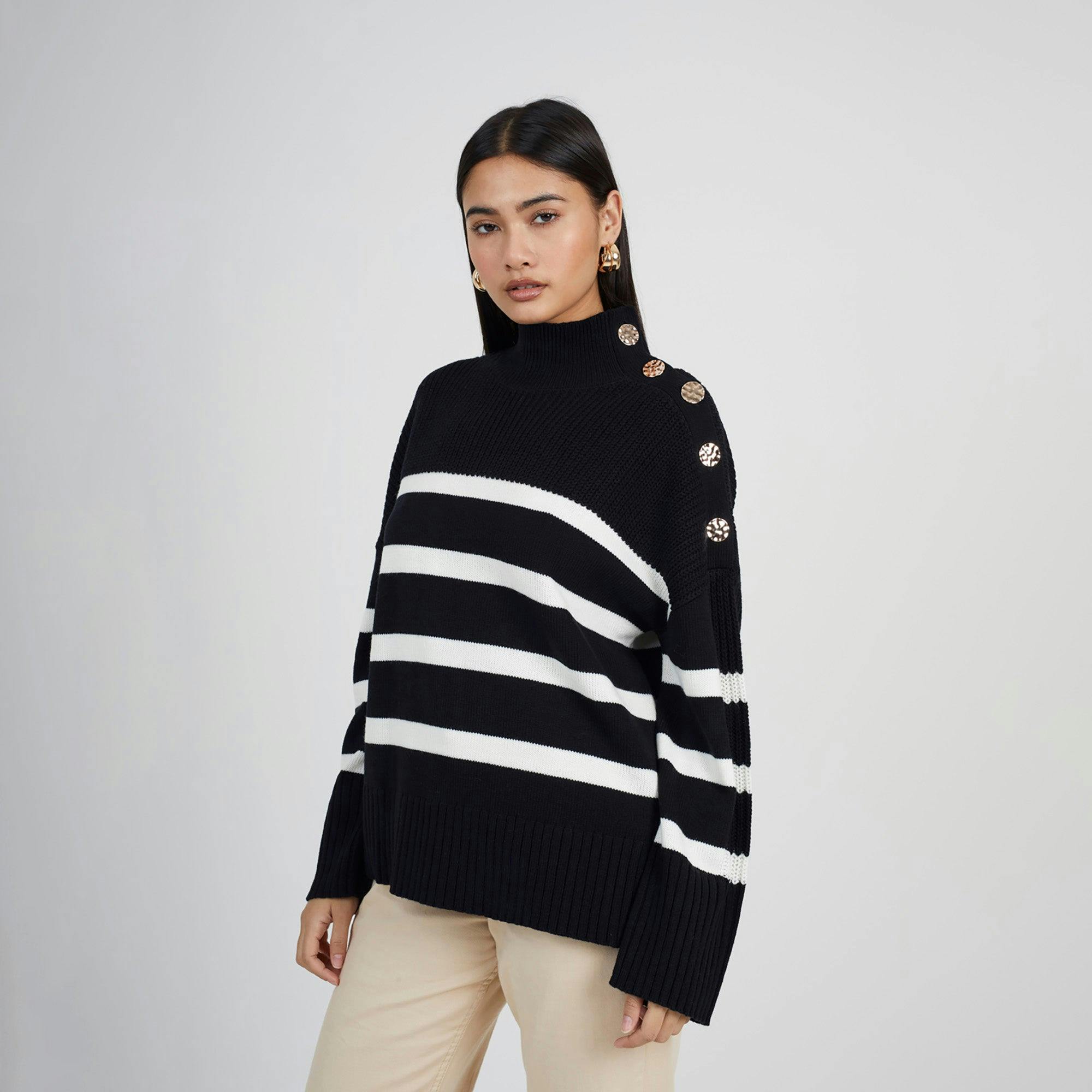 Brave Soul Black Button Detail Striped Turtleneck Jumper - S