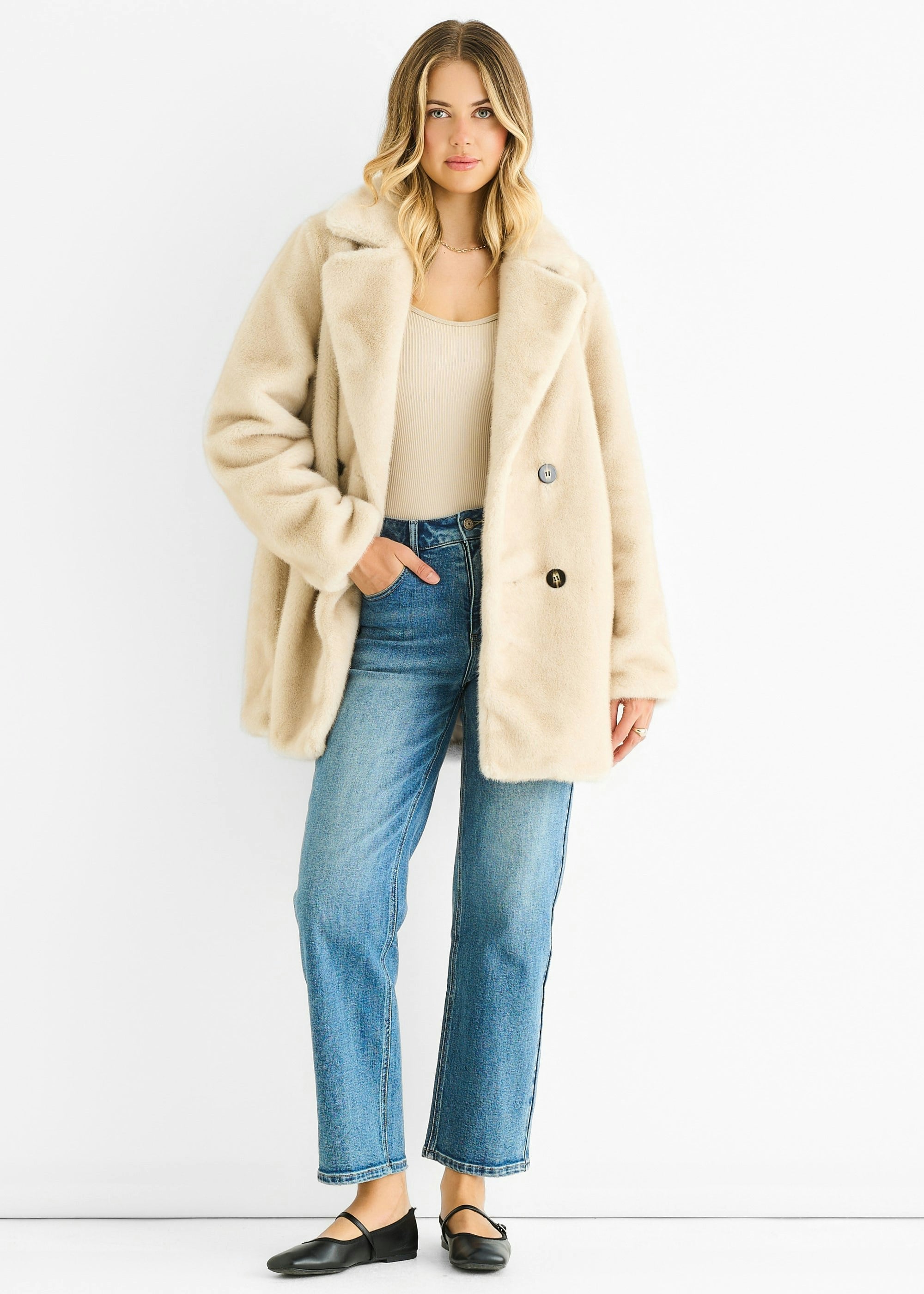 Gini London Women's Tan Faux Fur Longline Jacket Double Breasted Coat Size 8-10 - Image 3