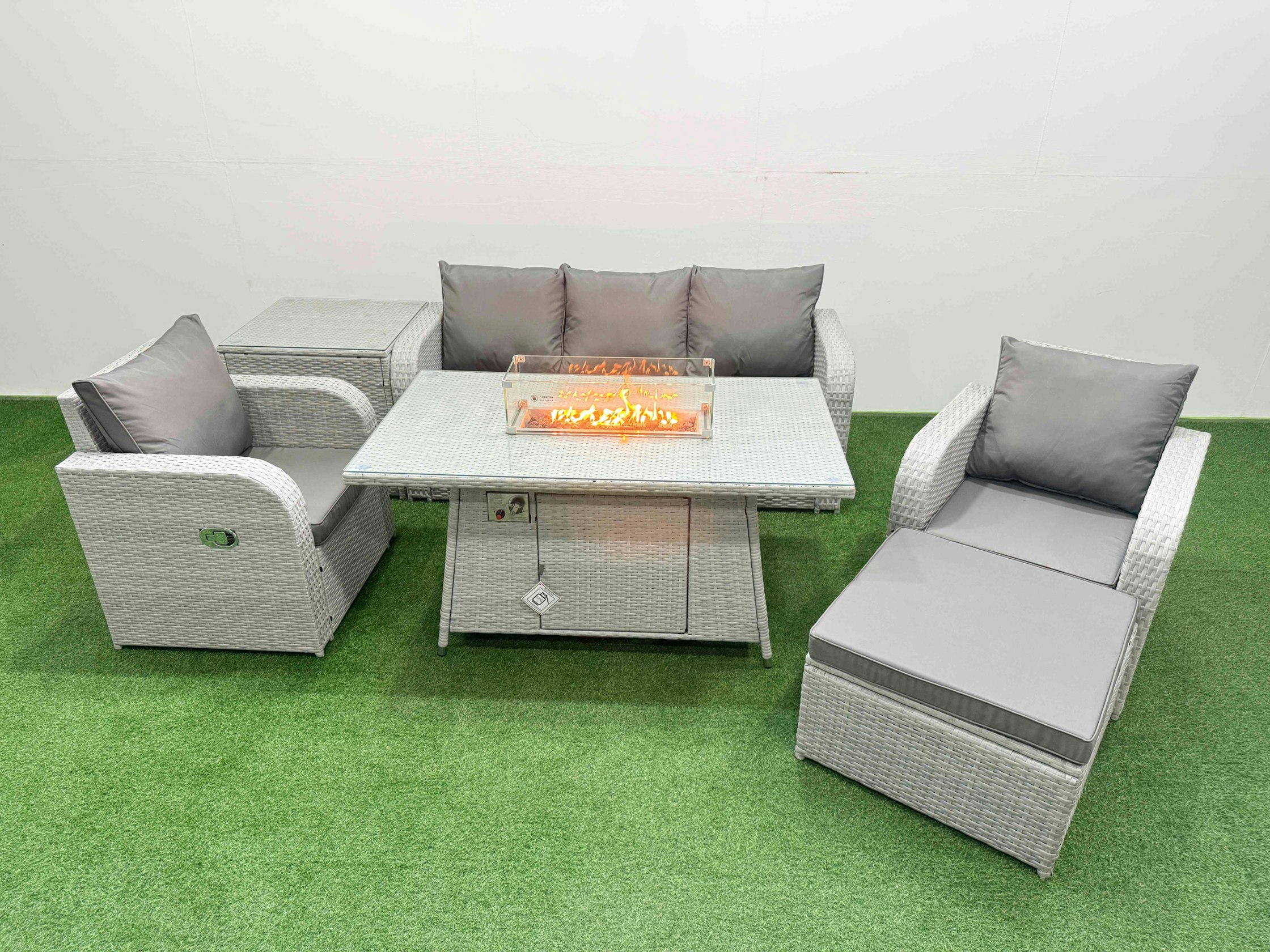 Rackhams Light/Grey Pe Rattan Garden Furniture Set Reclining Chair Sofa Lounge Sofa Set Fire Pit Dining Table Side Table Big Footstool