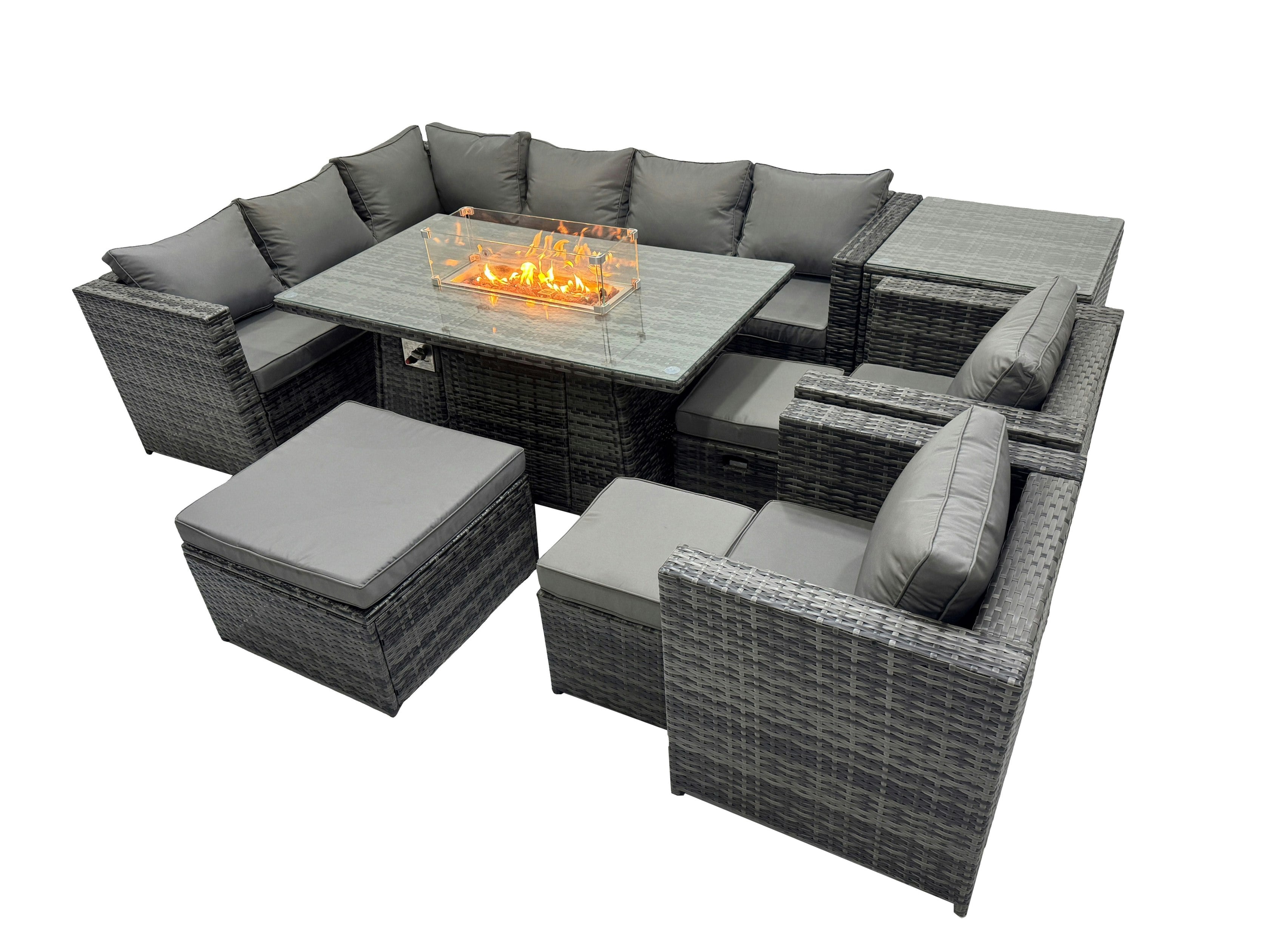 Rackhams Dark/Grey Rattan Garden Furniture Dining Set 11 Seater Gas Fire Pit Dining Table Corner Sofa Set With 3 Stool Side Table Mixed