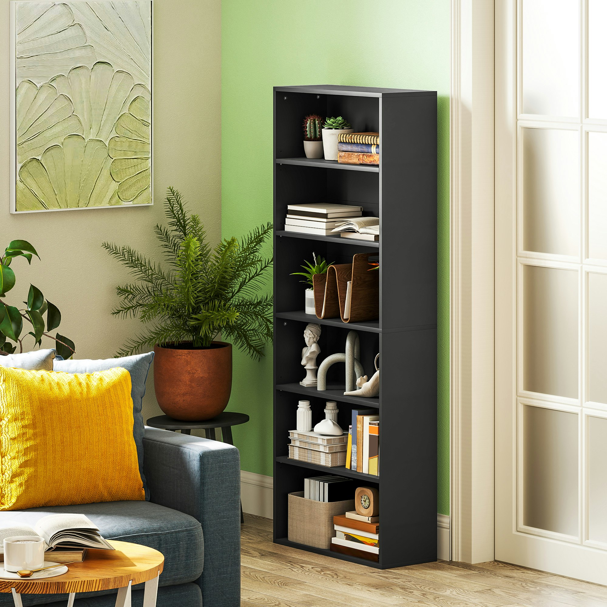 Rackhams Black 6 Tier Bookshelf, Freestanding Bookcase With Adjustable Shelves, - 60W X 24D X 158.5H Cm - 1