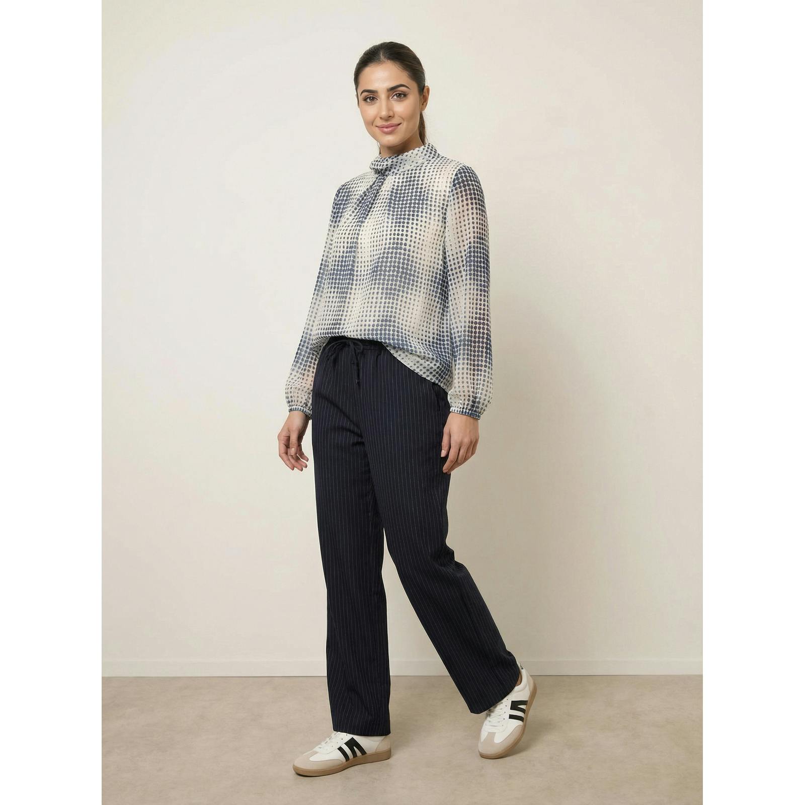 Blue Vanilla Spot Print Puffball Cowl Neck Blouse - S-M