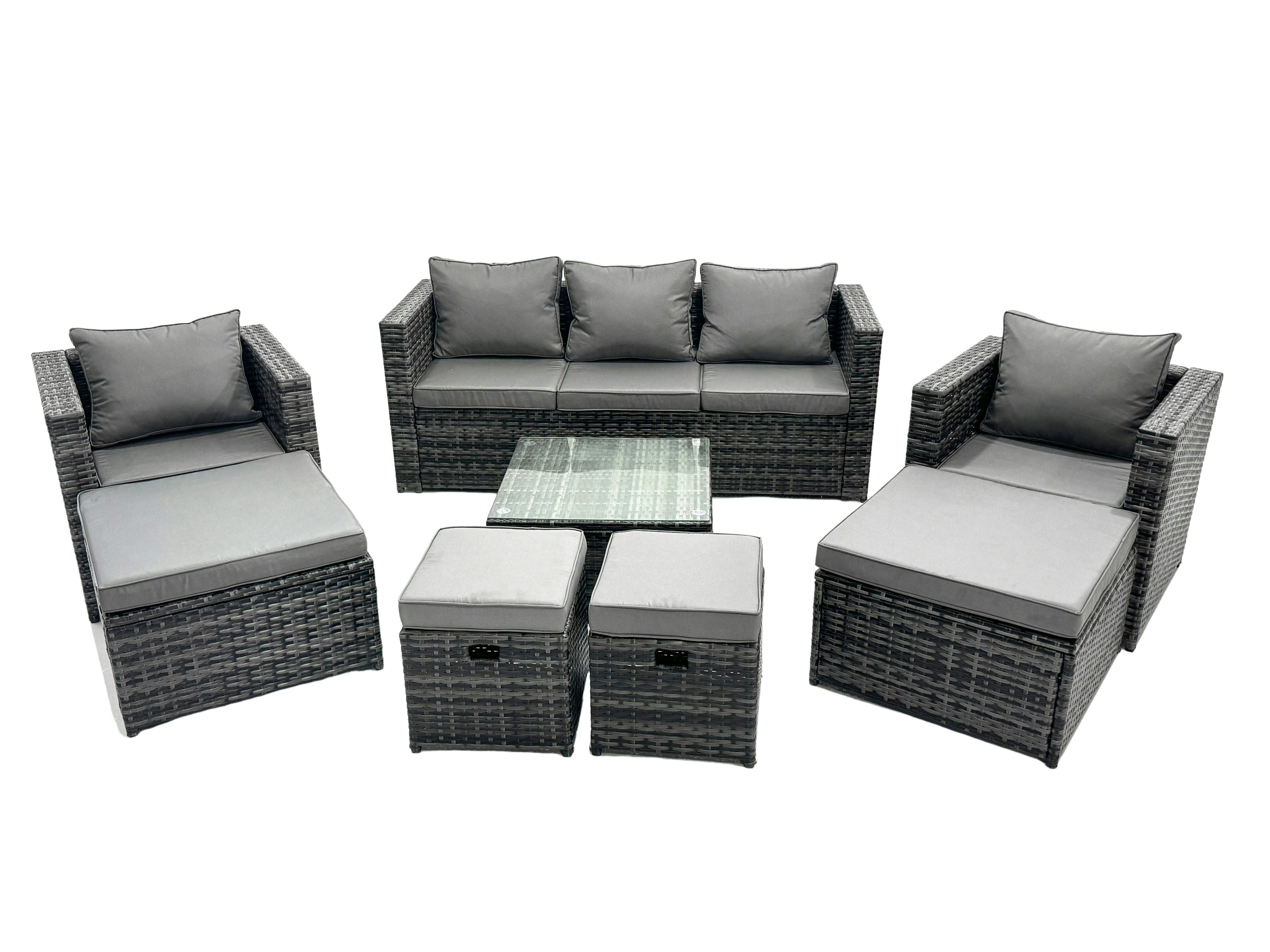 Fimous Dark/Grey Outdoor Rattan Garden Furniture Set 9 Seater Patio Lounge Sofa Set With Armchair Square Coffee Table 4 Footstool Mixed