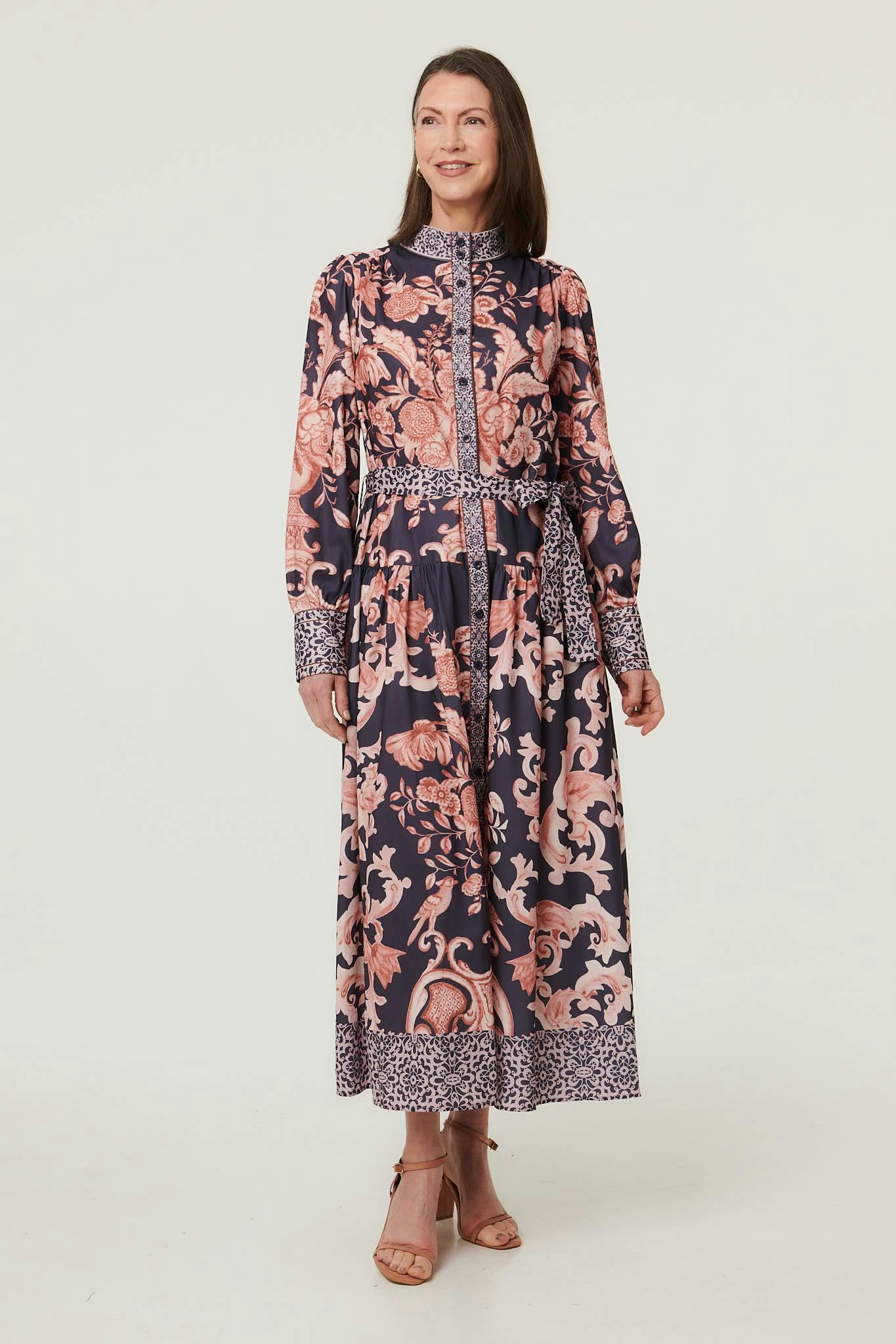 Izabel London Border Print High Neck Maxi Shirt Dress - 8 - Navy