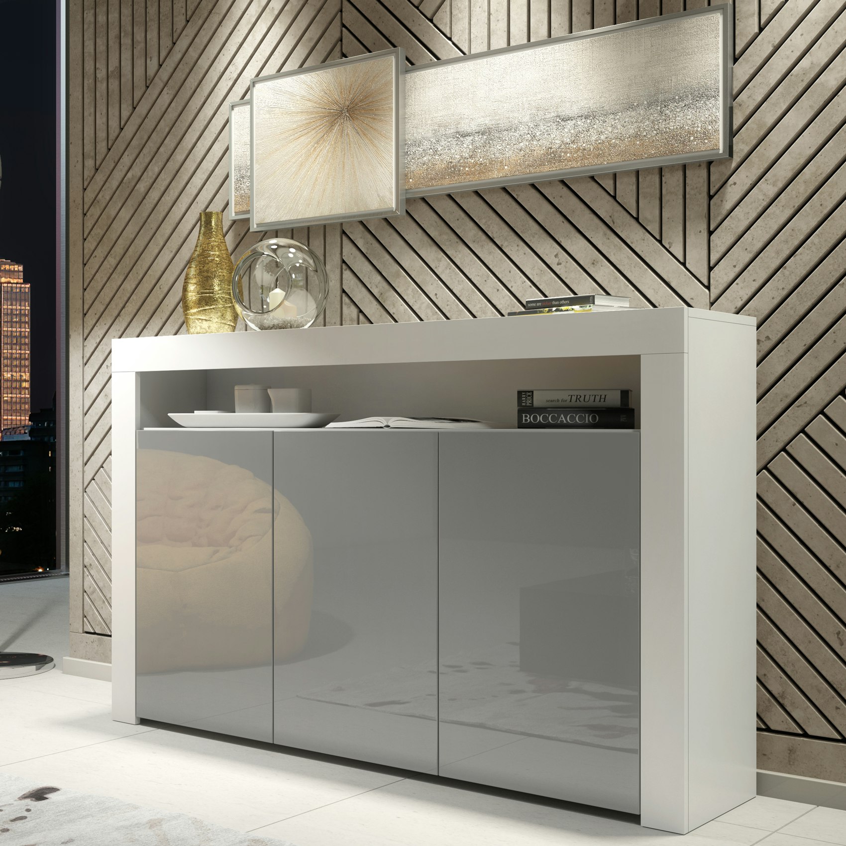 Rackhams White/Grey Sideboard 155Cm – Matt Body And High Gloss Doors - 155 Cm - Mdf/Chipboard - 1