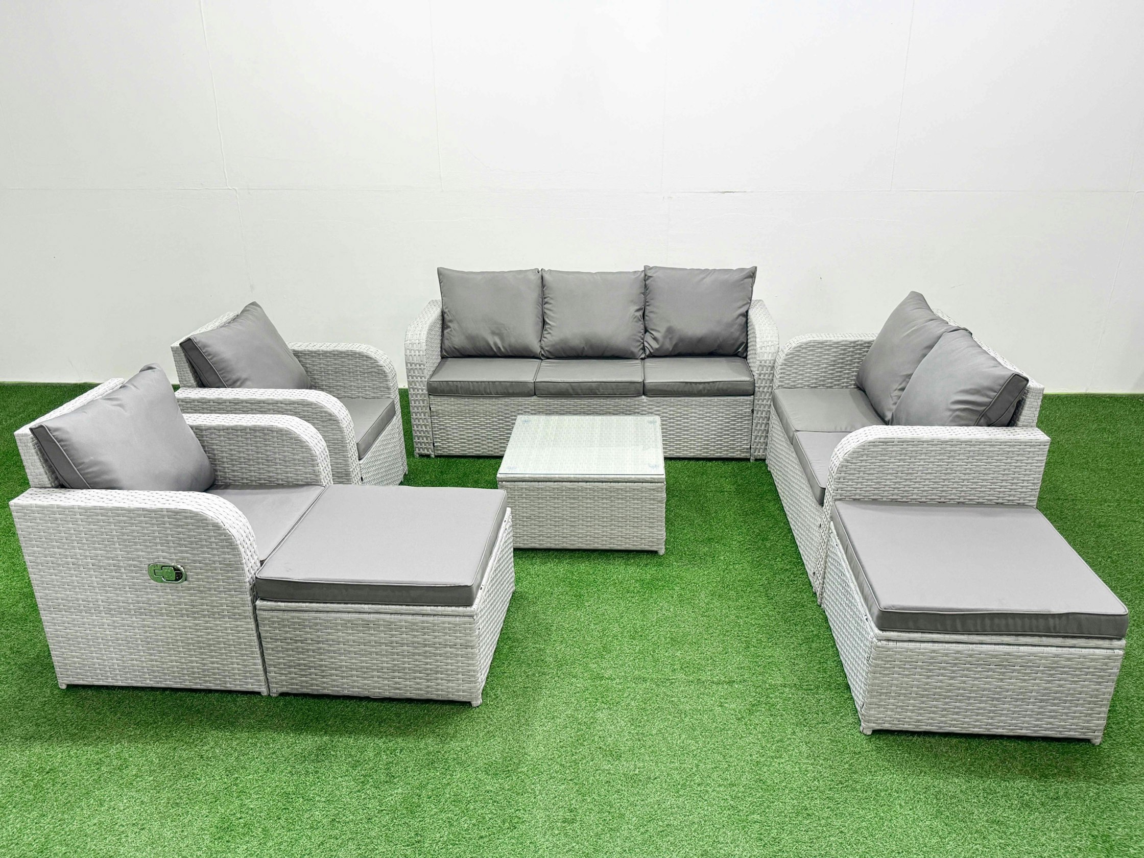Rackhams Light/Grey Pe Rattan Garden Furniture Set Adjustable Chair Sofa Double Love Seat 2 Seater Sofa Lounge Set Square Coffee Table 2 Big Footstool