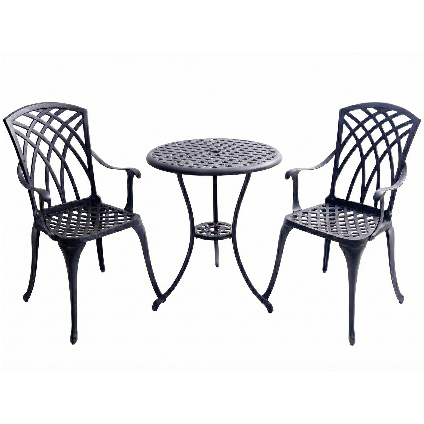 Rackhams Black Oshowa Luxurious Garden And Patio Table And 2 Large Chairs With Armrests Cast Aluminium Bistro Set