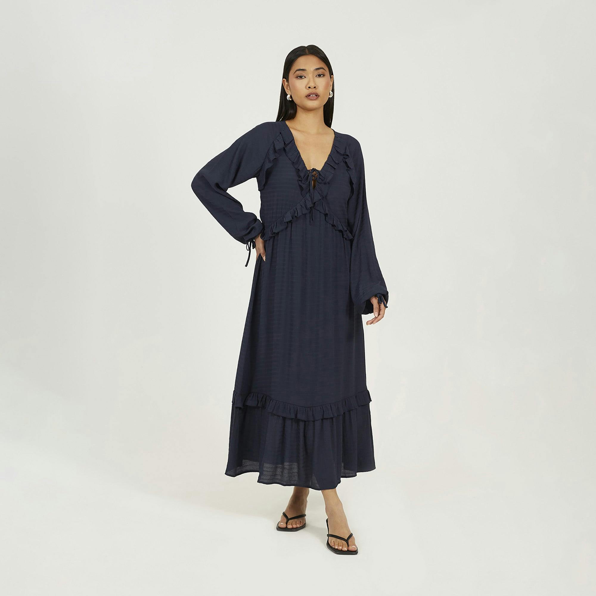 Brave Soul Long Sleeve Maxi Dress With Frill Detail - Navy - Xs - Navy