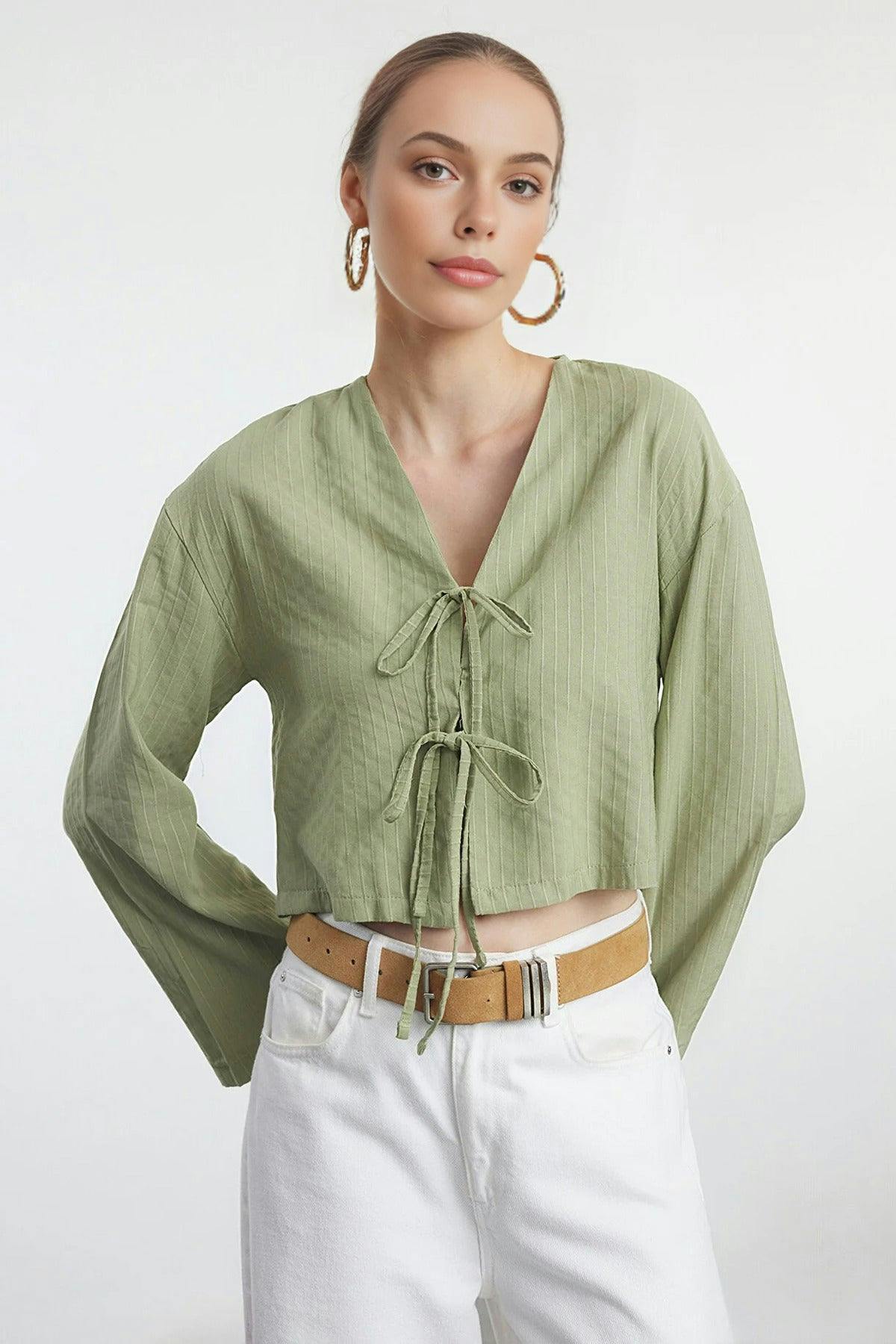 Wovcor Green Striped Woven Shirt With Tie Detail - 6