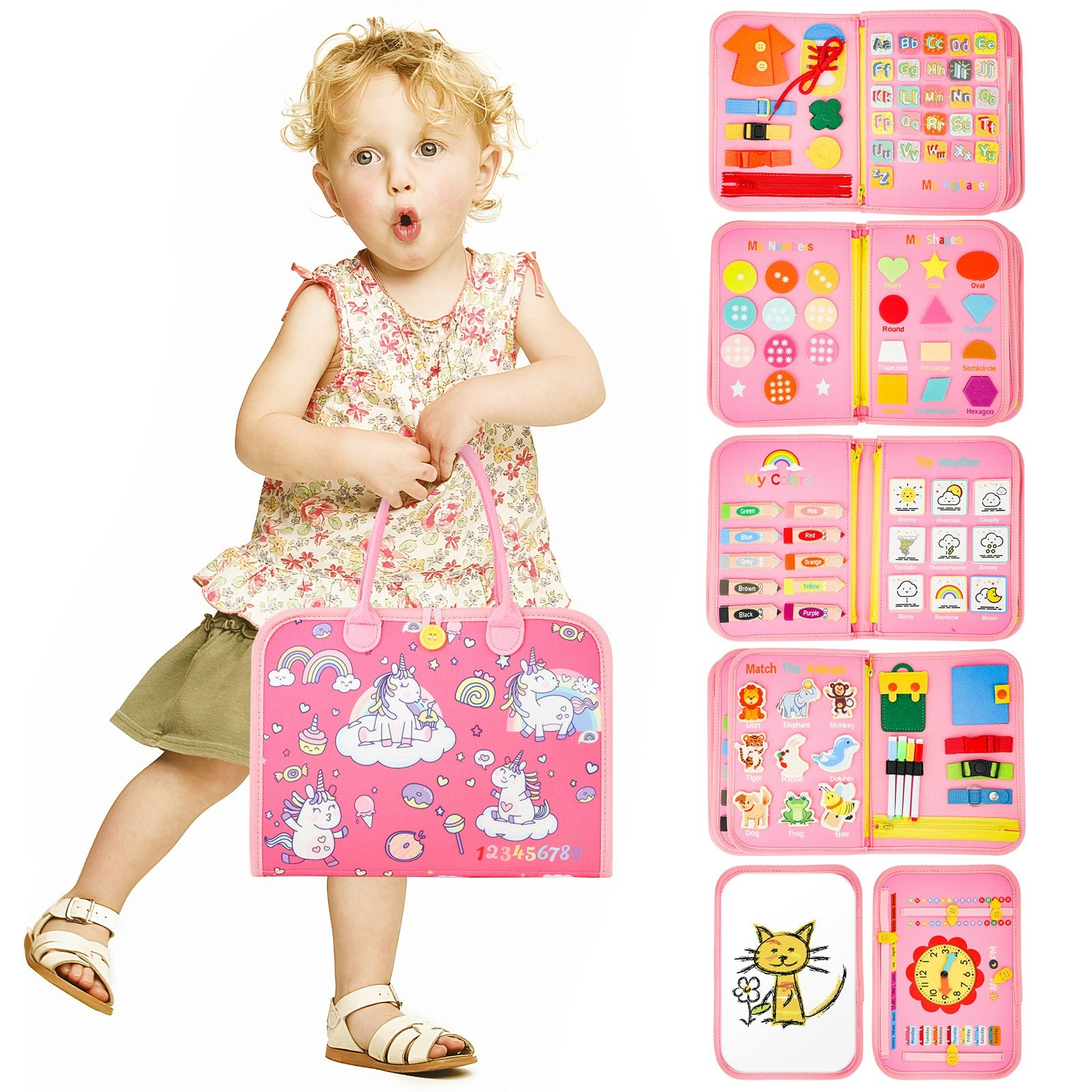 Deao Toys Men's Pink Toddler Busy Board Book Sensory Montessori Travel Toys - Educational Book - 3+