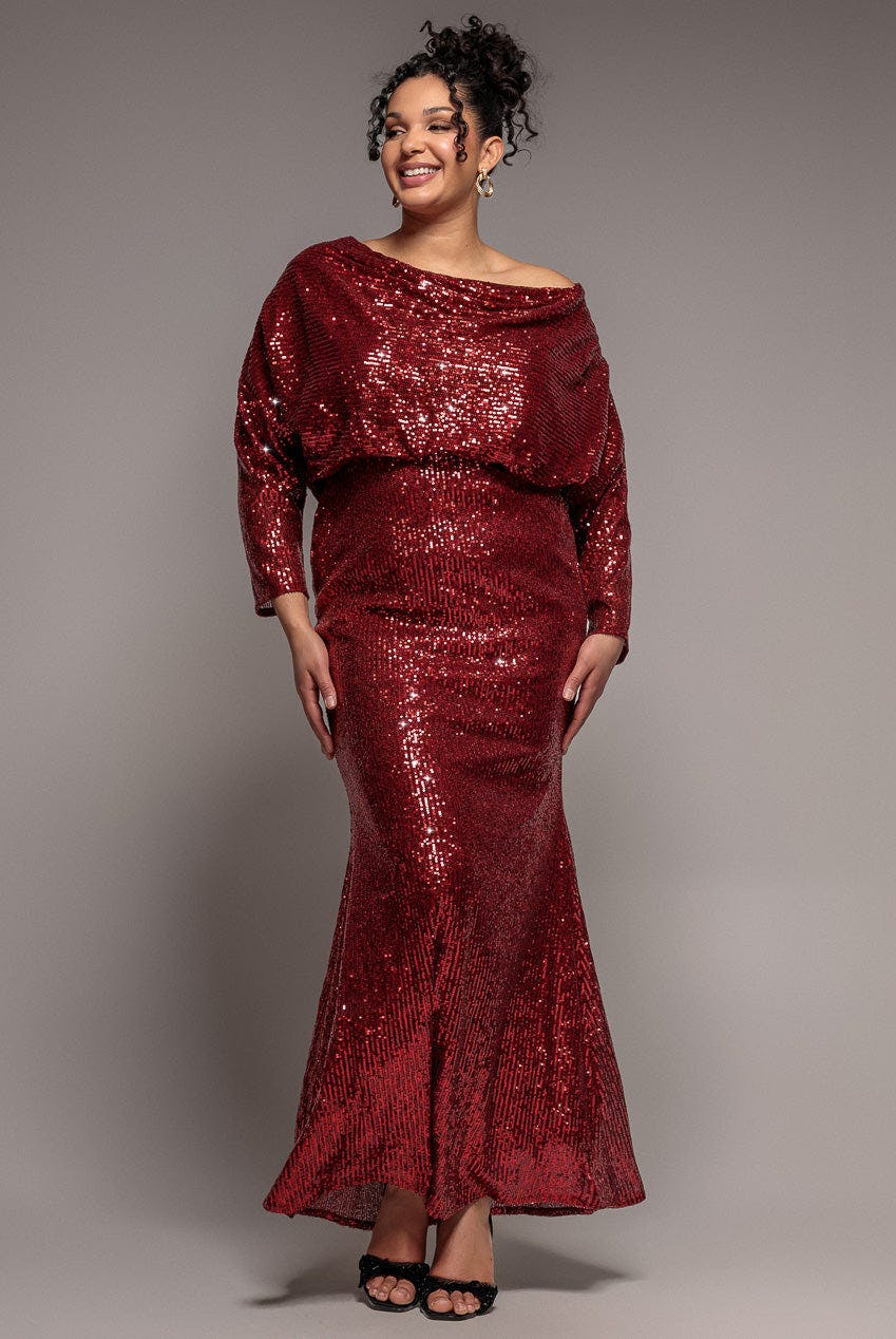 Goddiva Plus Sequin Cowl Maxi Dress - Wine By - Wine - 18