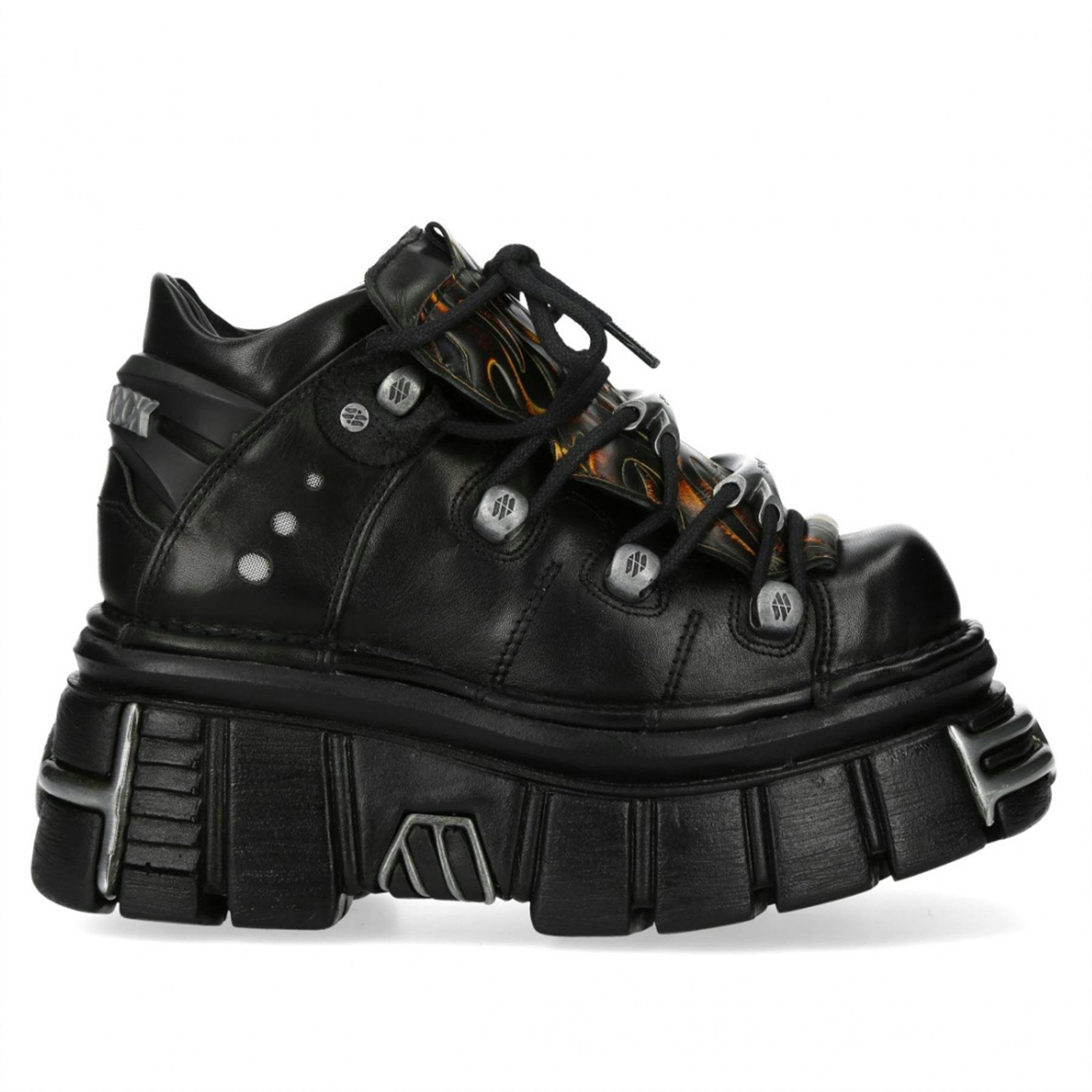 New Rock Unisex Black M-106N-C86 Flame Leather Gothic Ankle Platform Boots - Uk 9 | Eu 43 | Us 10.5