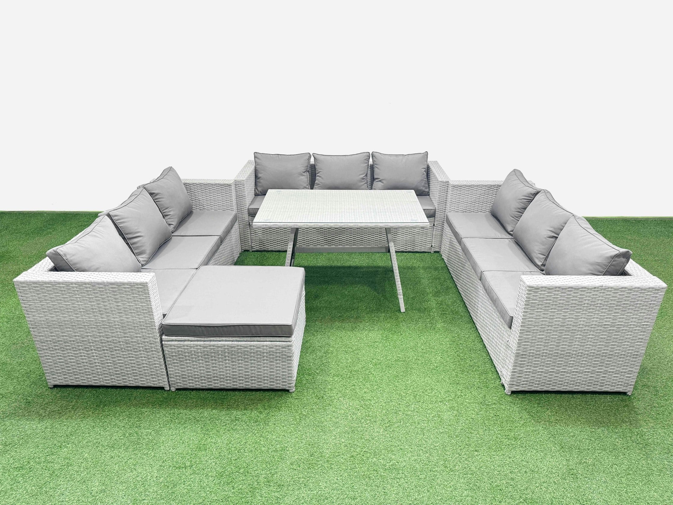 Rackhams Light/Grey 10 Seat Outdoor Patio Pe Rattan Garden Furniture With Cushions 3 Seater Sofa Big Stool