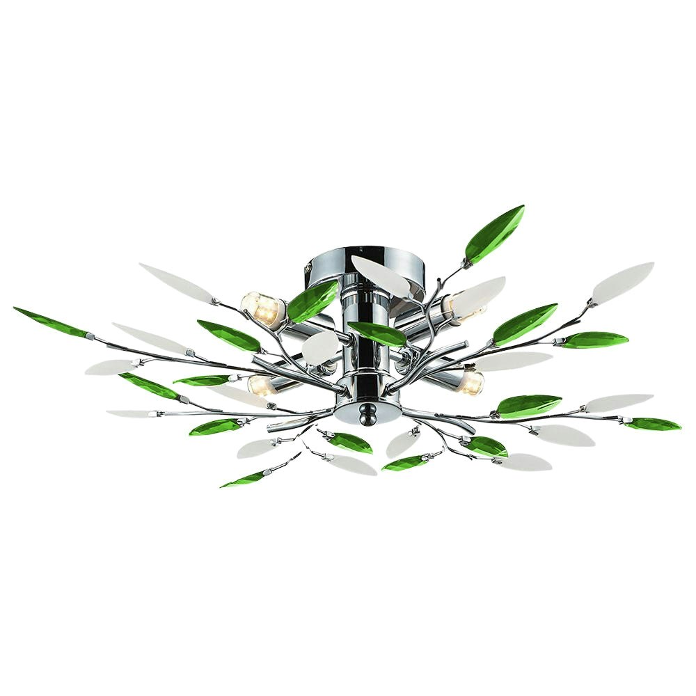 Rackhams Light/Green Modern Semi Flush Chrome Ceiling With Emerald & Frosted Leaves