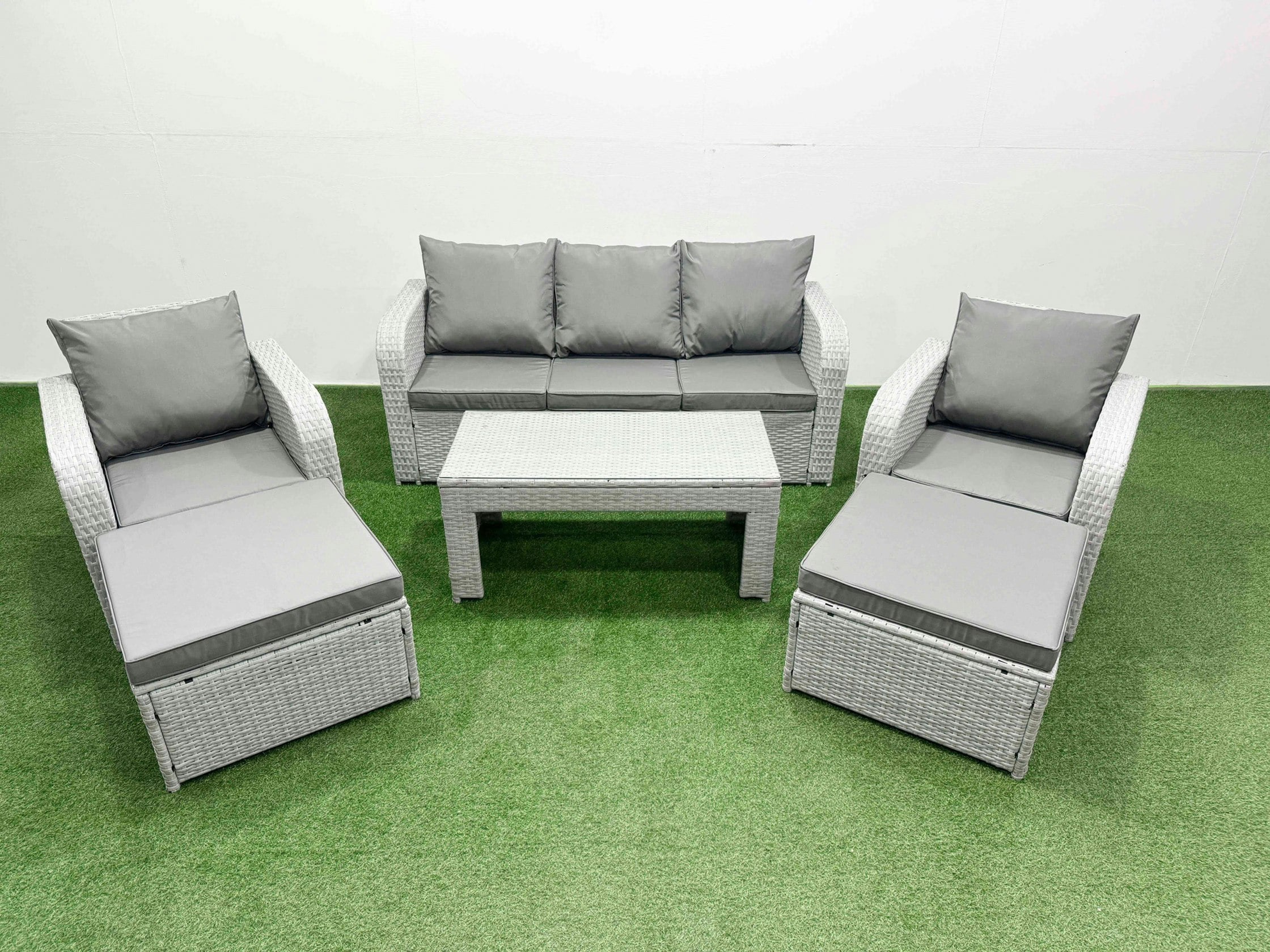 Rackhams Light/Grey Pe Rattan Garden Furniture Set Reclining Chair Sofa Lounge Sofa Set Rectangular Coffee Table 2 Big Footstool