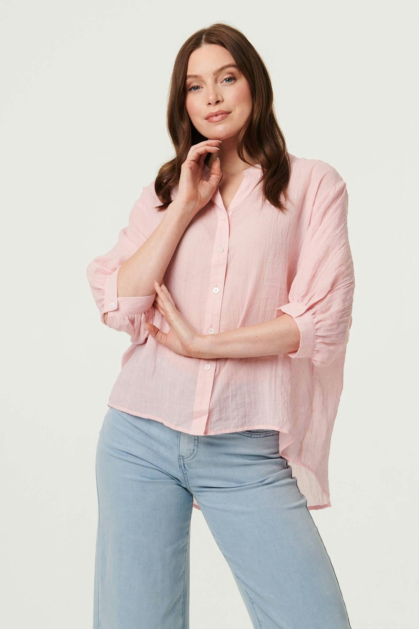 Izabel London Pink Collarless Button Back 3/4 Sleeve Blouse - 14
