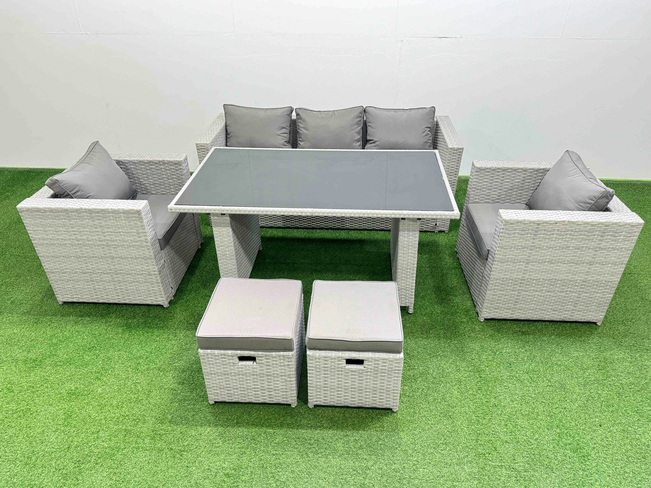 Rackhams Black/Light/Grey Patio Garden Furniture Sets With Glass Top Dining Table Armchair 3 Seater Sofa 2 Small Stool