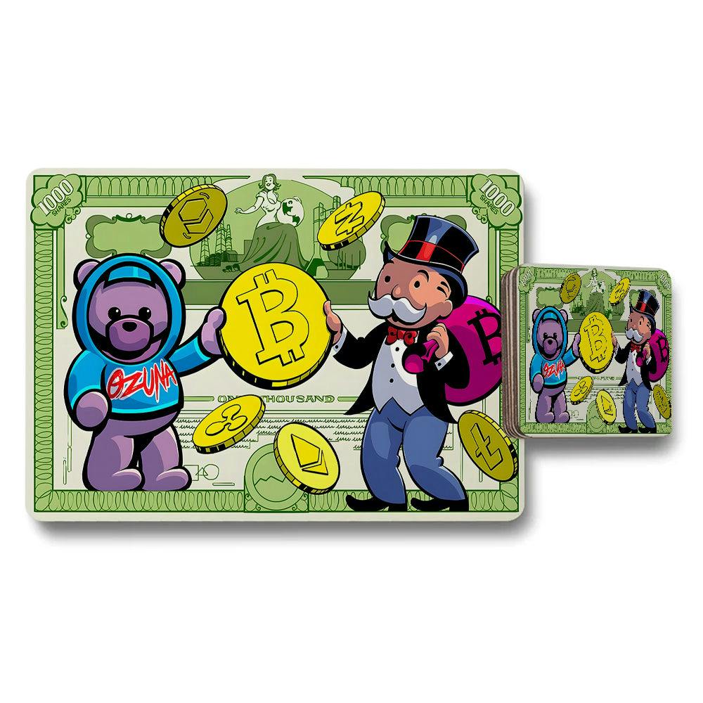 Rackhams Purple/Blue/Green Placemat And Coaster Set With Cartoon Money And Bitcoin Design