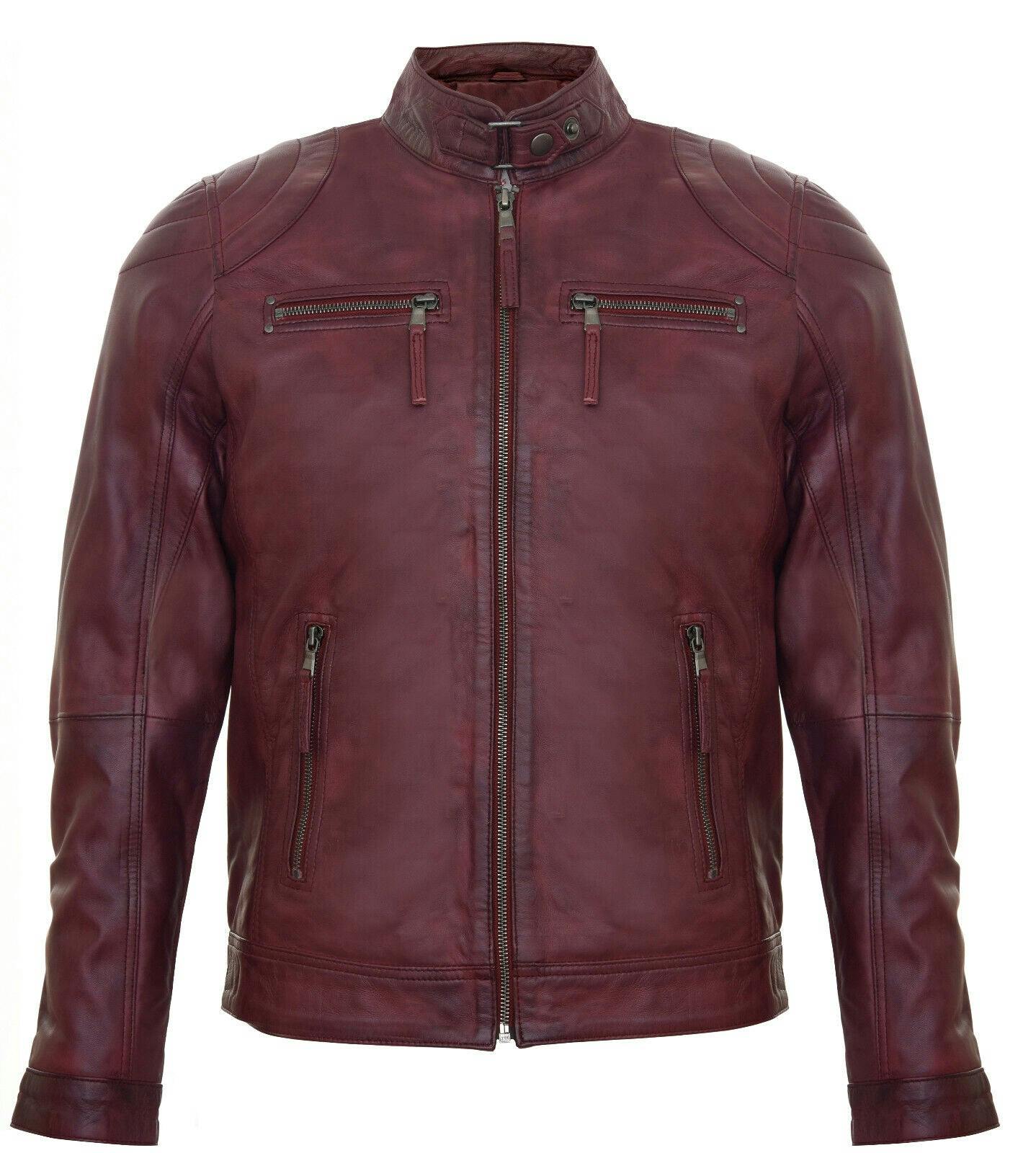 Infinity Leather Men's Burgundy Leather Biker Vintage Zipped Racing Jacket - Uk 4XL | Eu 58 | Us 48