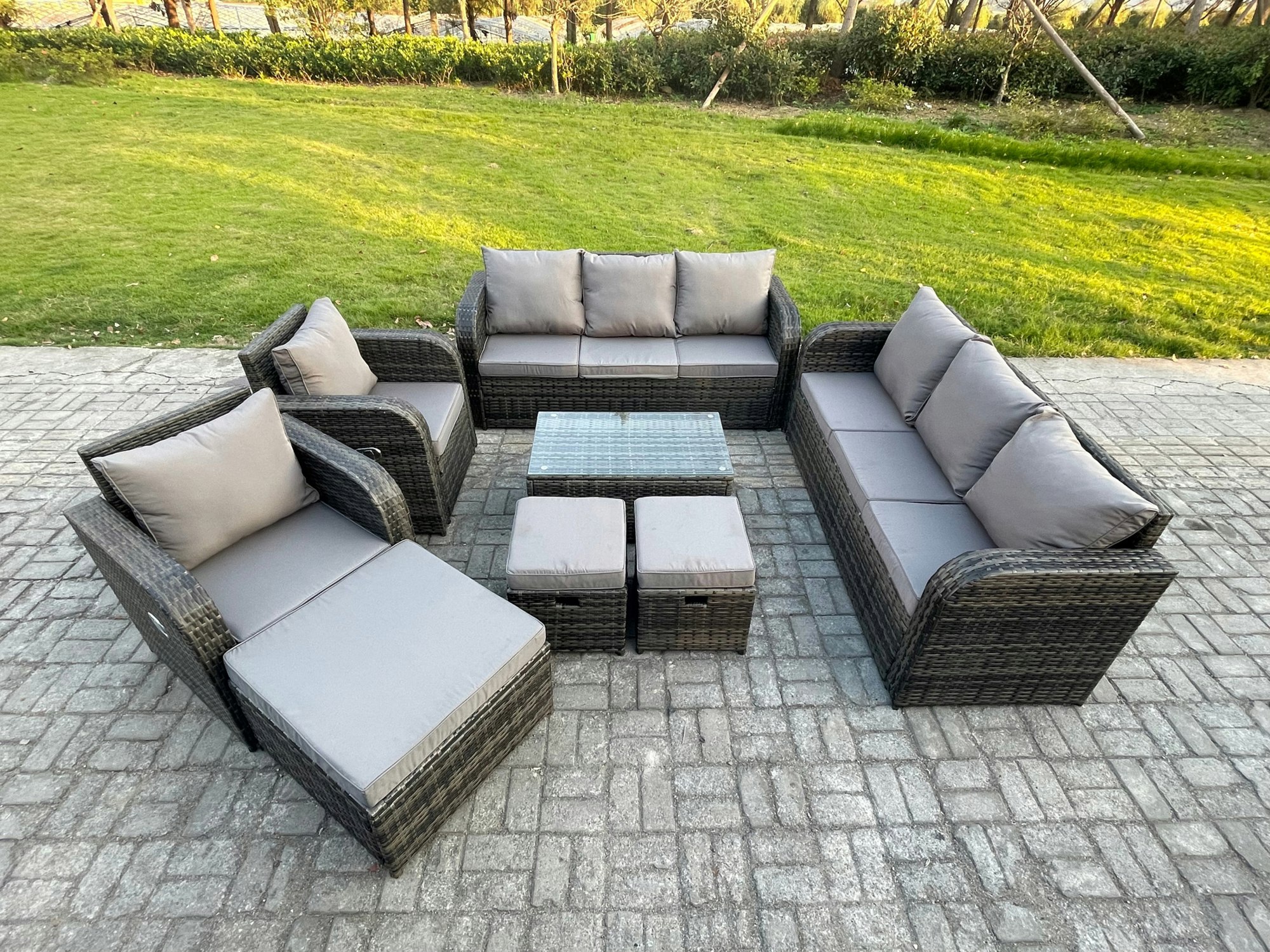 Rackhams Dark/Grey Rattan Outdoor Garden Furniture Sofa Set Patio Table & Chairs Set With 3 Seater Sofa Reclining Chair 3 Footstools 3 Seater Sofa Mixed