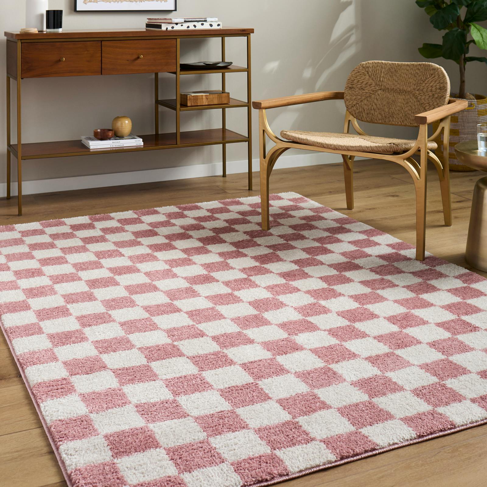 Rackhams Pink/Ivory Fossay Shag-Washable Modern High Pile Checkered Rug - 200 X 275 Cm