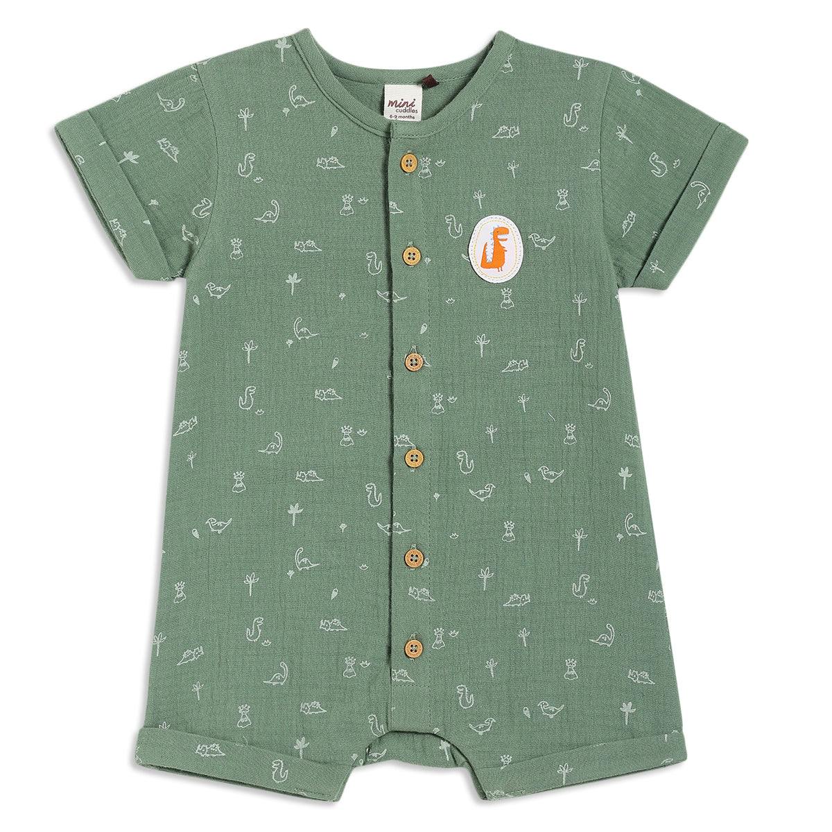 Mini Cuddles Men's Green Baby Boys Dino Printed Romper, - Nb
