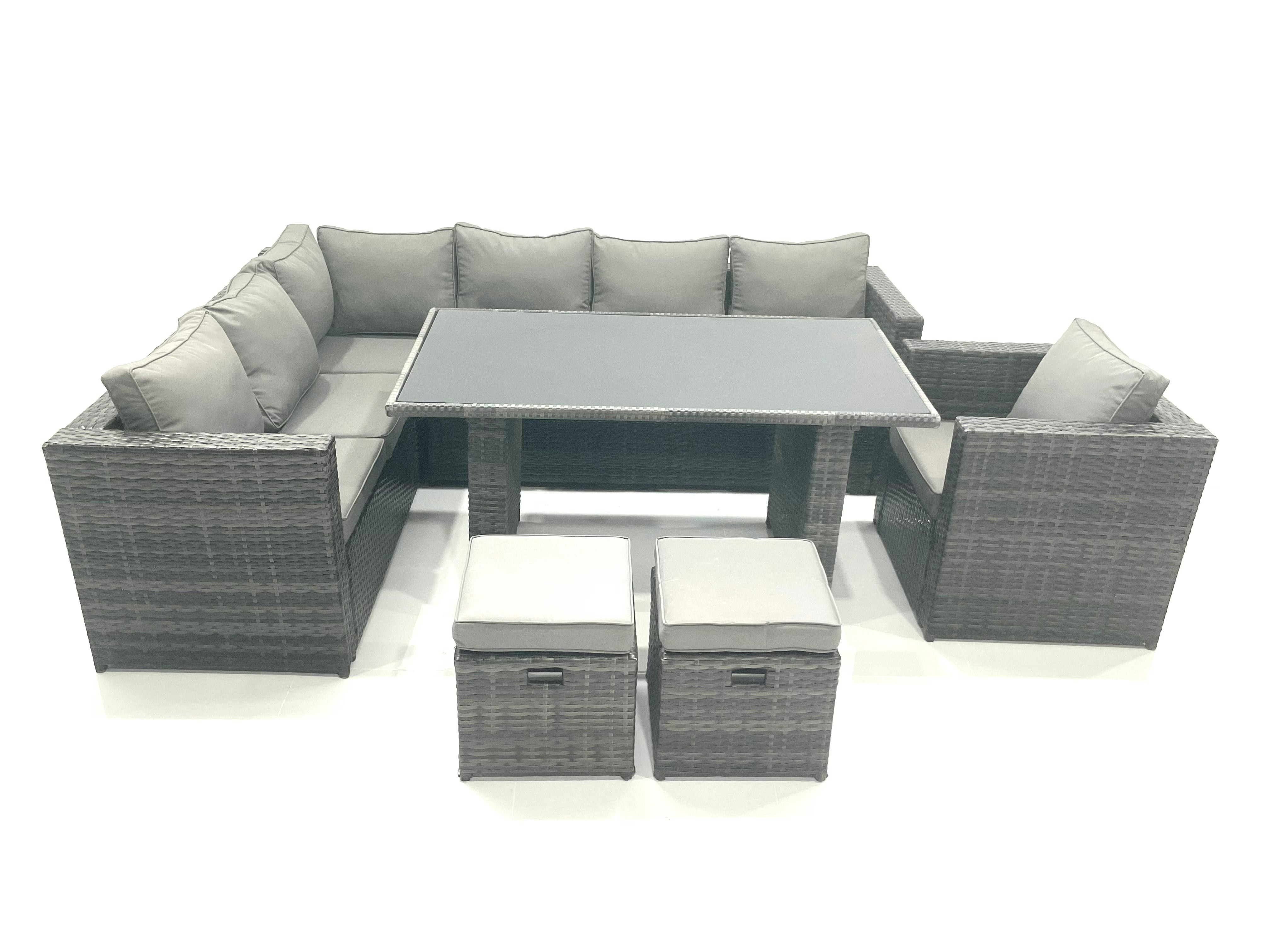 Rackhams Dark/Grey Outdoor Lounge Rattan Corner Sofa Set Garden Furniture Rectangular Dining Table Chair 8 Seater