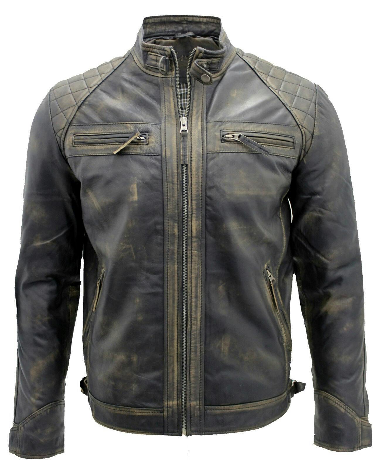 Infinity Leather Men's Black Vintage Zipped Leather Racing Quilted Biker Jacket - Uk M | Eu 48 | Us 38 - Vintage