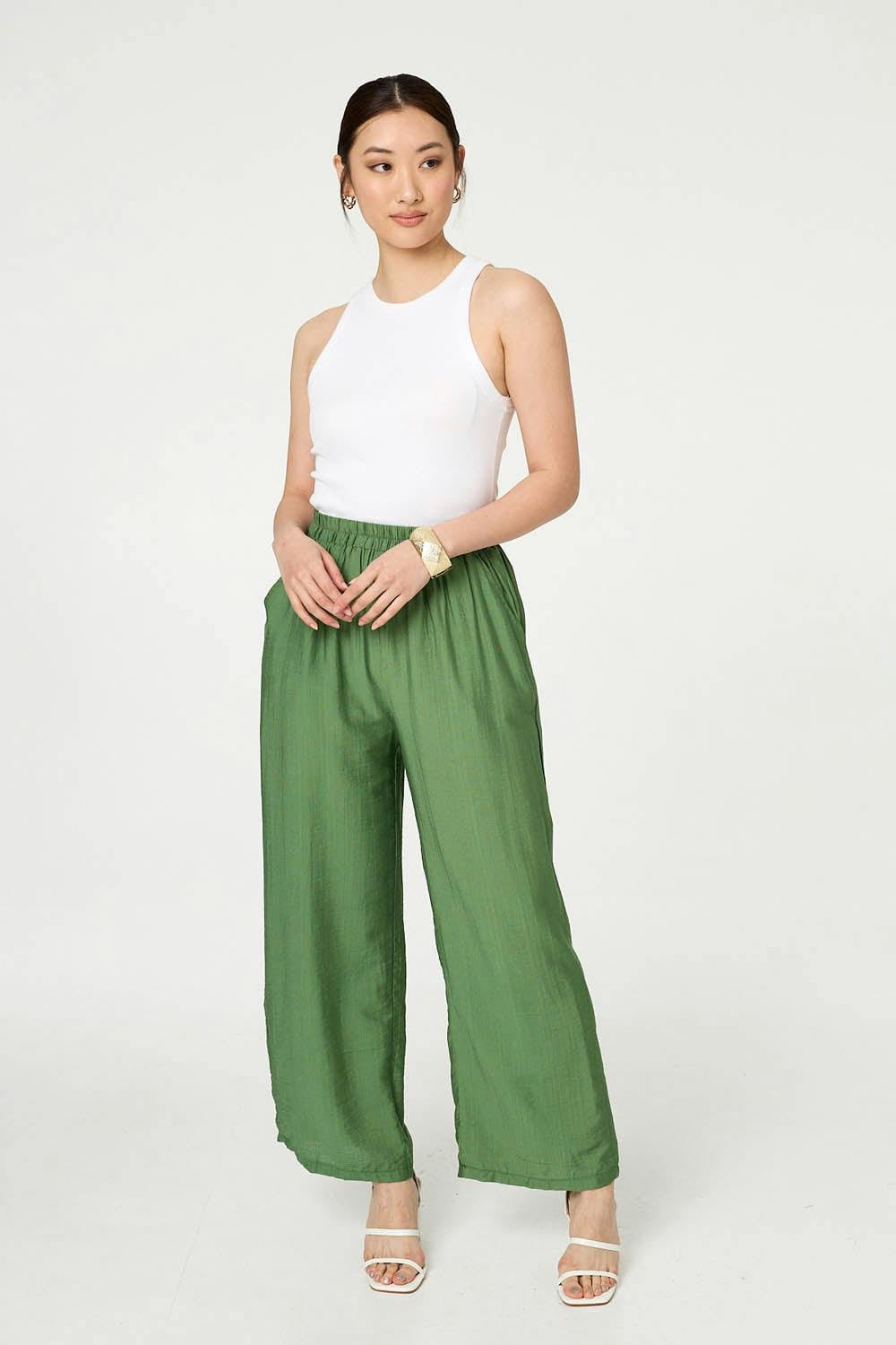 Izabel London Elasticated High Waist Wide Leg Trousers - 16 - Khaki