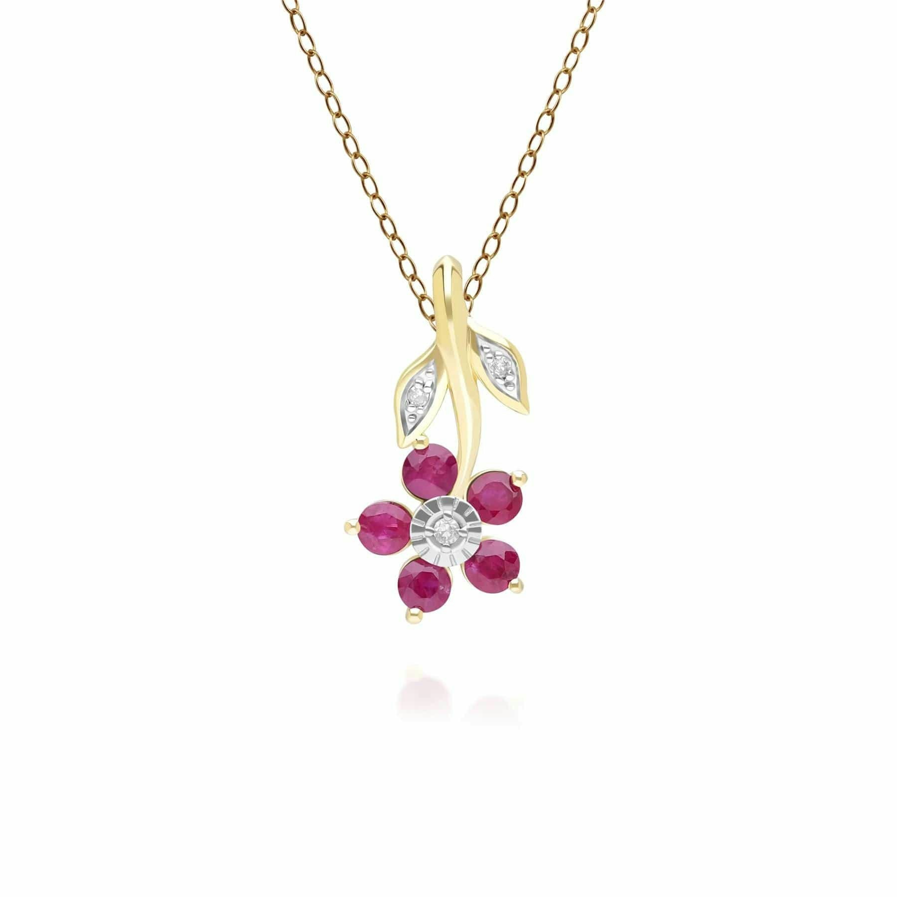 Gemondo Yellow/Gold Floral Ruby & Diamond Pendant Necklace In 9Ct