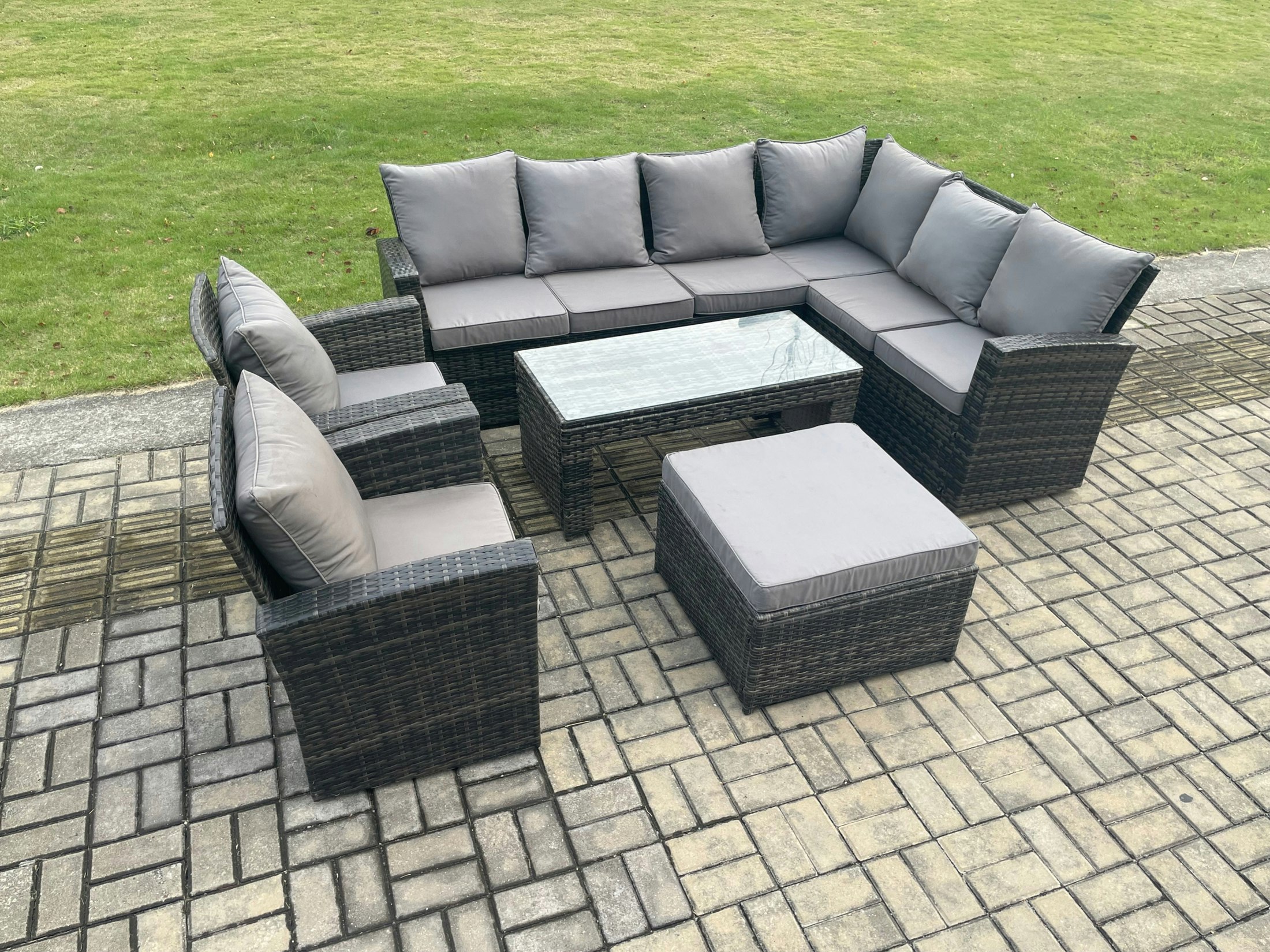 Fimous Dark/Grey Rattan Corner Sofa Garden Furniture Set With Big Footstool Rectangular Coffee Table 2 Armchairs With Cushion Mixed