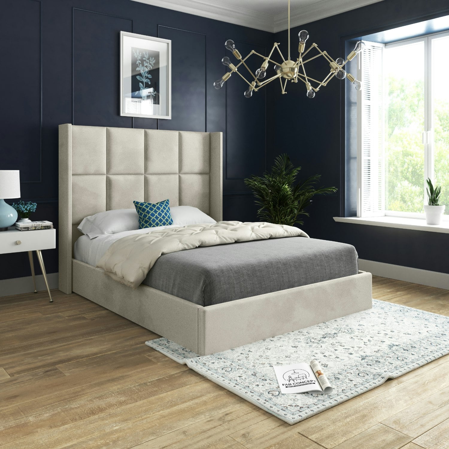 Rackhams Cream/Silver Quanta Straight Winged Upholstered Soft Velvet Bed Frame - Double
