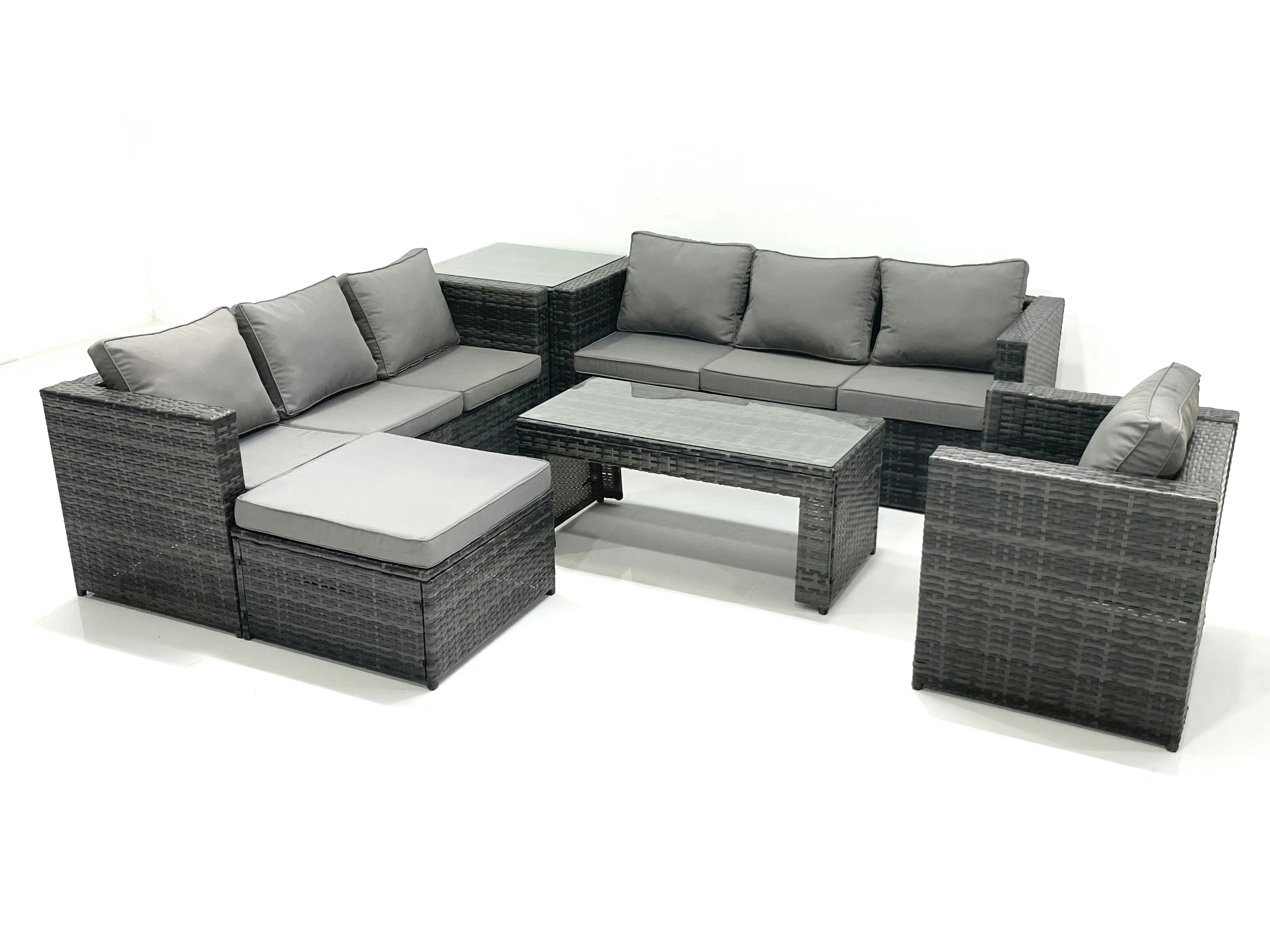 Fimous Dark/Grey Rattan Garden Furniture Set Outdoor 8 Seater Patio Conversation Sets With Glass Top Coffee Table Side Table