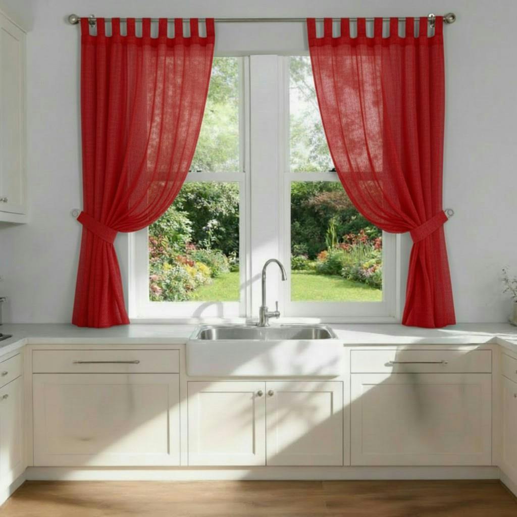 Rackhams Red Voile Tab Top Curtain Pair With Crystal Tie Backs Sheer Window Panels - 150Cm Width X 183Cm Drop