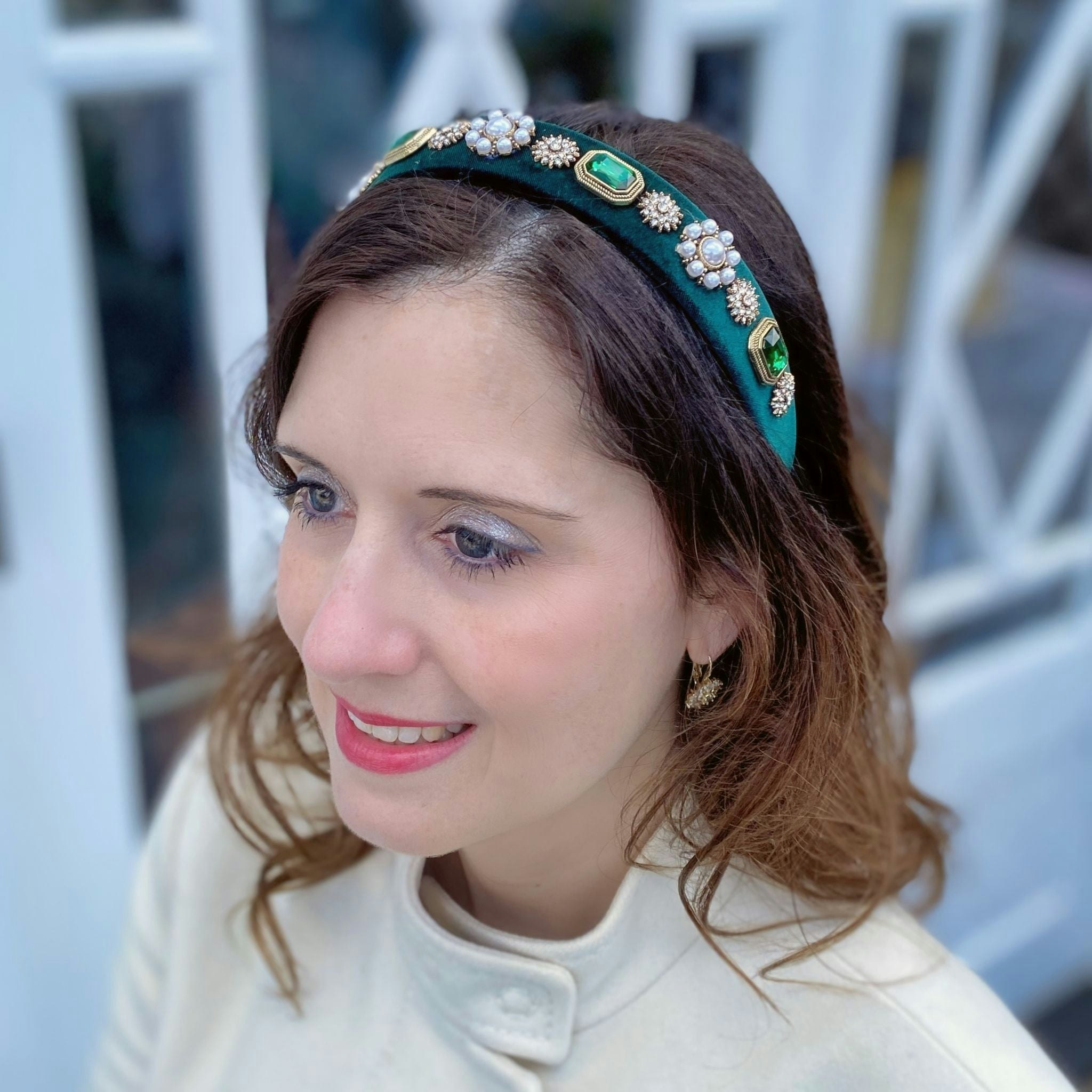 Queenmee Accessories Green Velvet Headband With Pearls Wedding Guest Hair Band