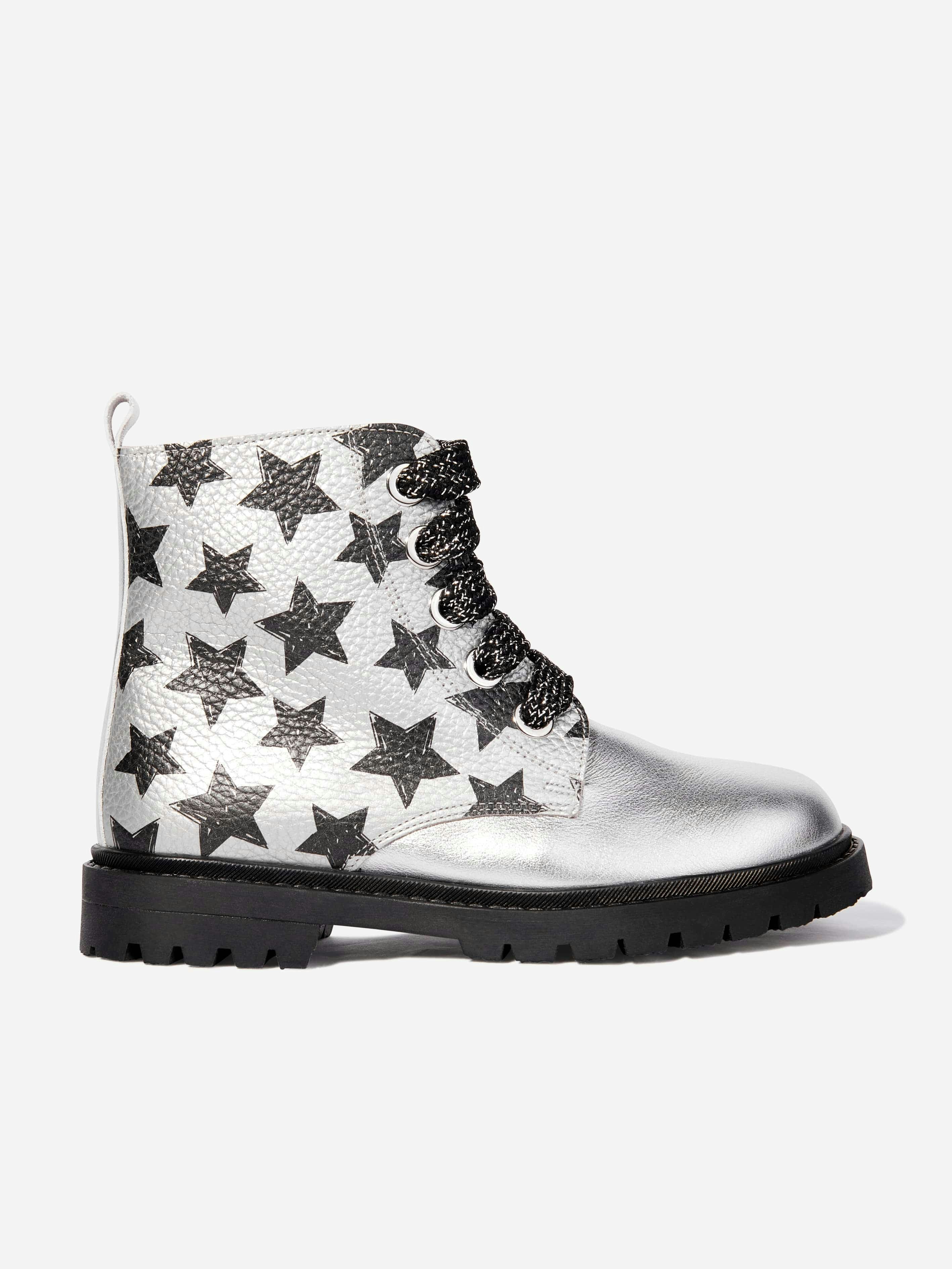 Andanines Girls Silver Leather Lace Up Star Boots In - Eu 30 Uk 12