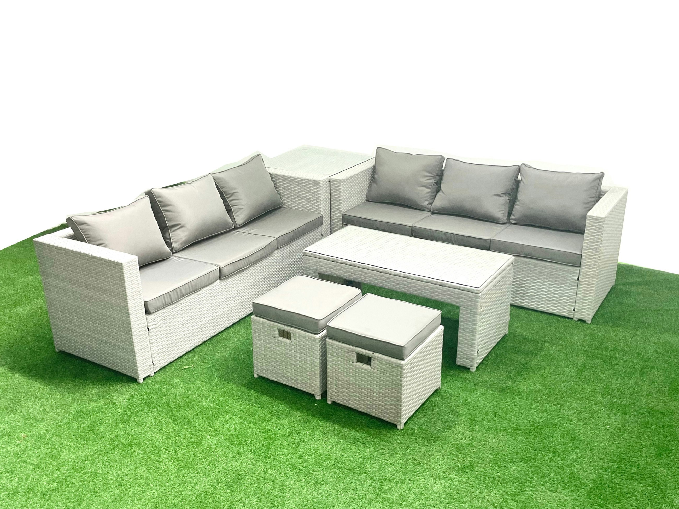 Rackhams Light/Grey 8 Seater Garden Outdoor Rattan Furniture Set Rattan Garden Sofa Oblong Coffee Table With 2 Small Footstool Side Table Mixed