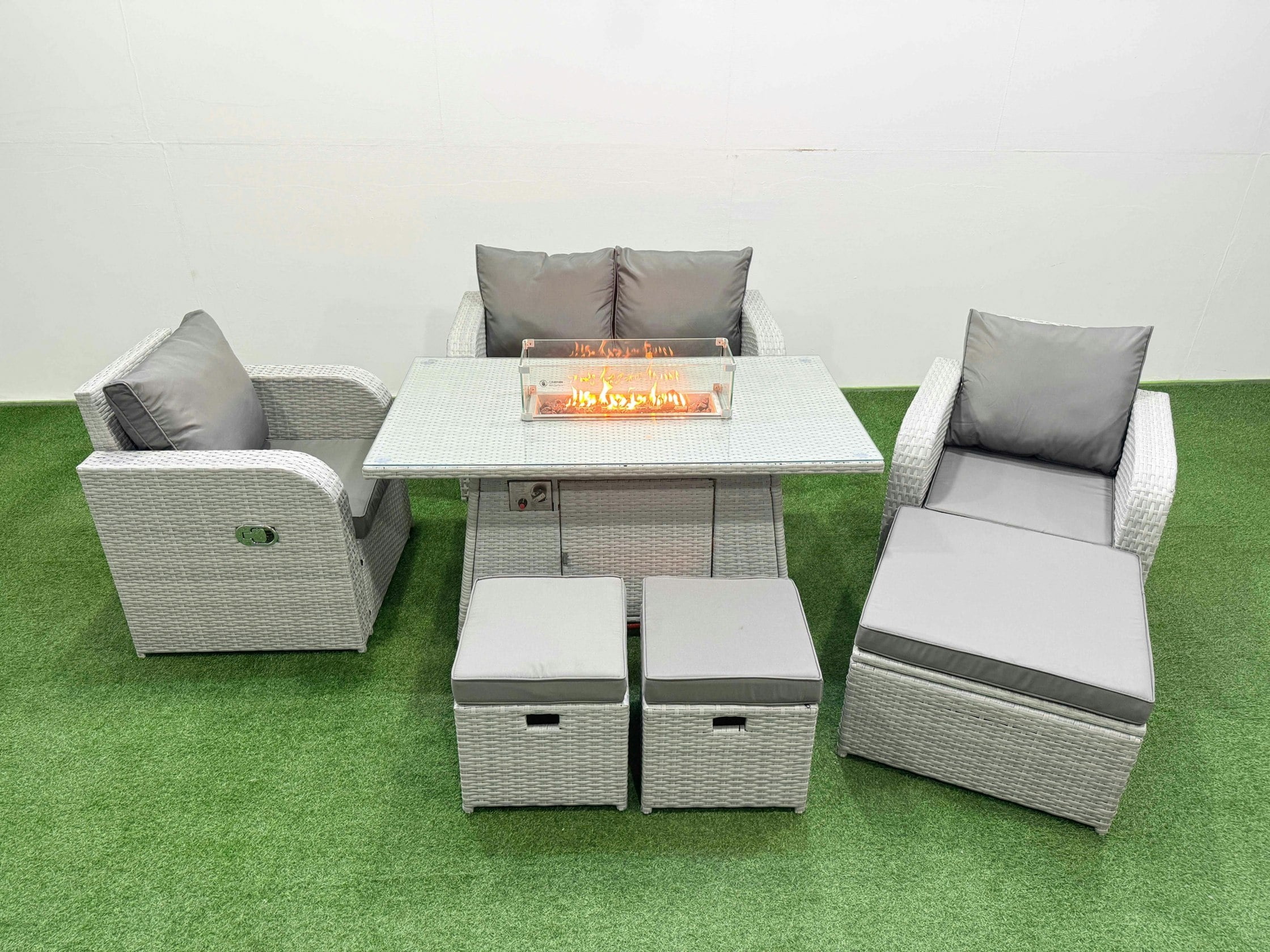 Fimous Light/Grey Pe Wicker Rattan Garden Furniture Set Sofa Set Reclining Chair Fire Pit Dining Table 7 Seater 3 Stools