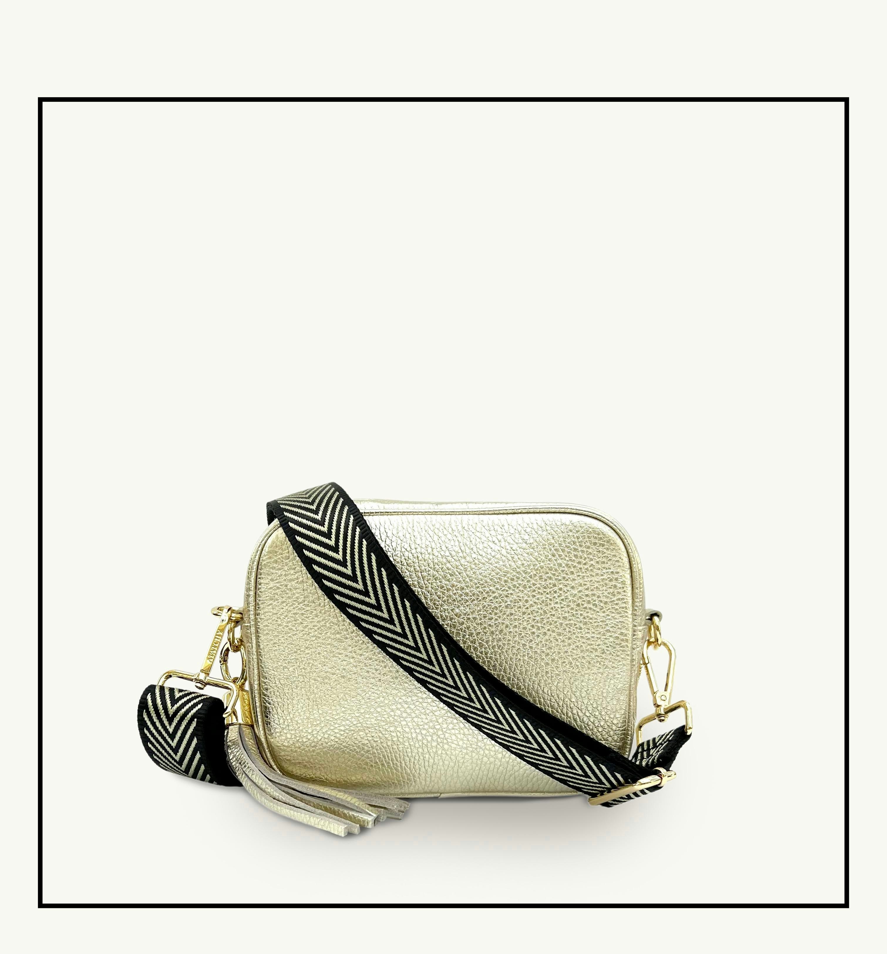 Apatchy London Gold/Black The Tassel Leather Crossbody Bag With & Chevron Strap 7Cm