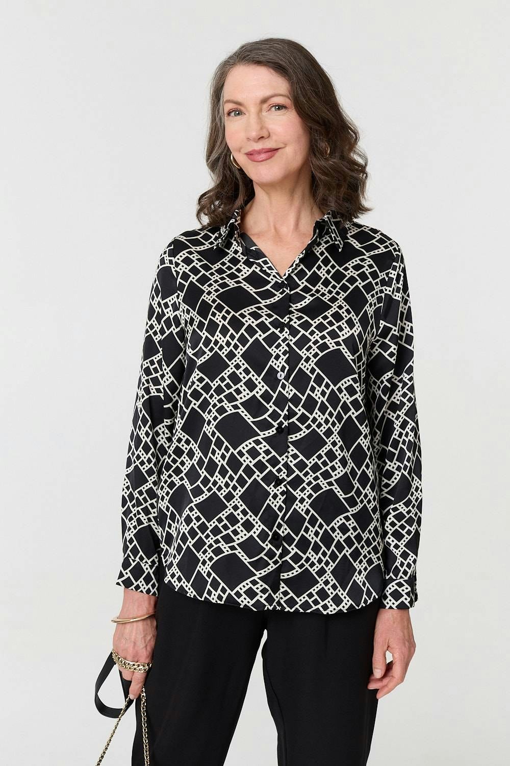 Izabel London Black Geo Print V-Neck Long Sleeve Shirt - 14