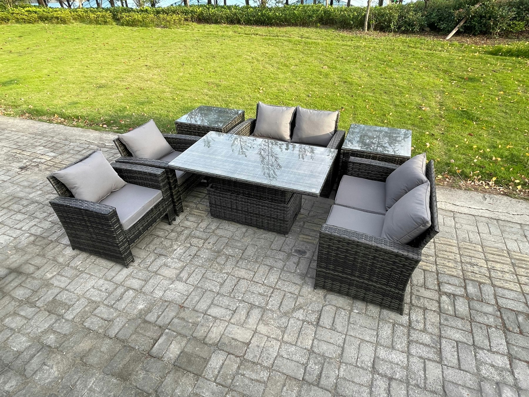 Fimous Dark/Grey Rattan Garden Furniture Sets Patio Outdoor Rising Lifting Table Sofa Set With Double Seat Sofa 2 Side Tables Mixed