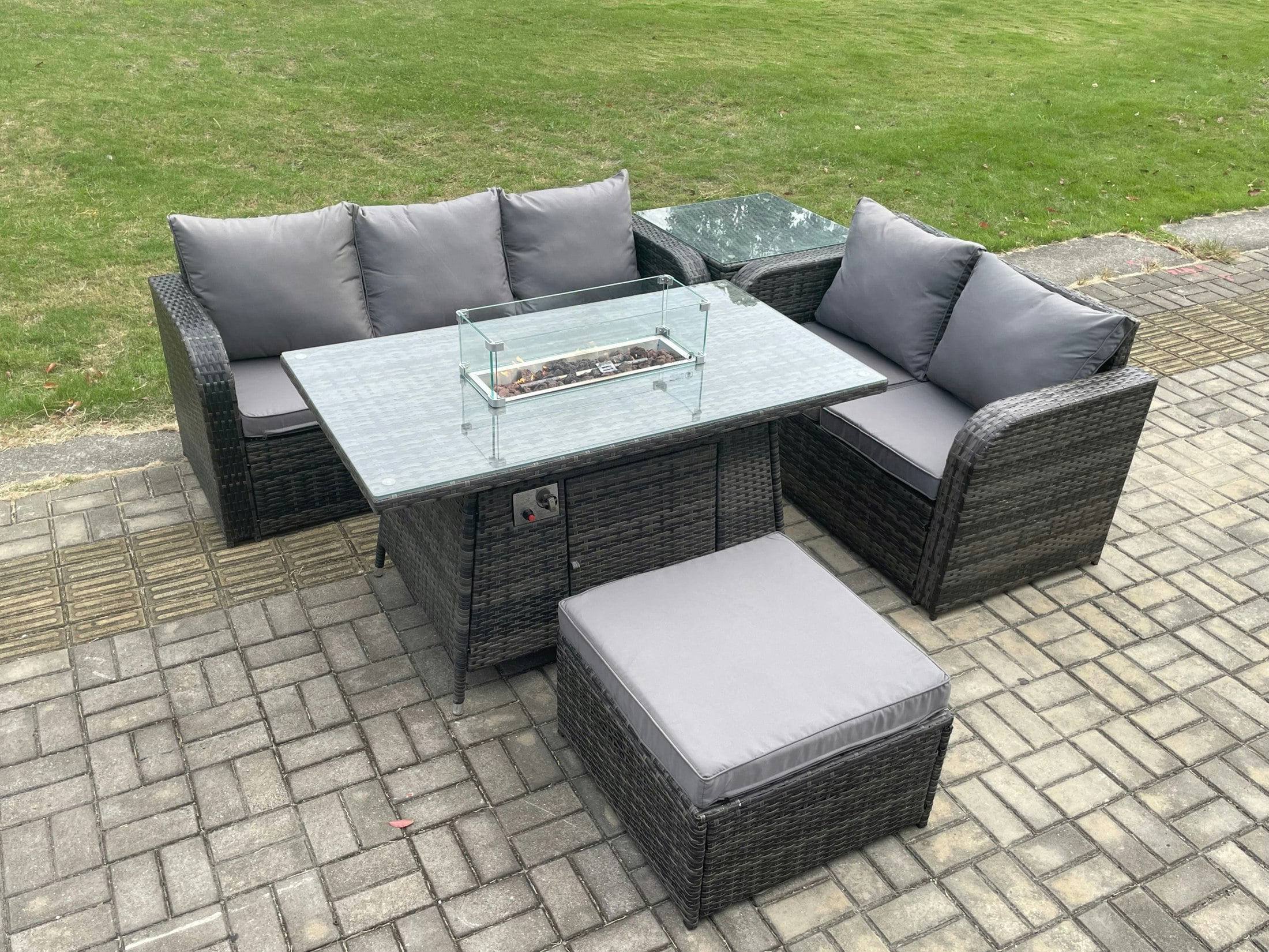 Fimous Pe Wicker Outdoor Rattan Garden Furniture Set Propane Gas Fire Pit Table And Sofa Set With Side Table Big Footstool