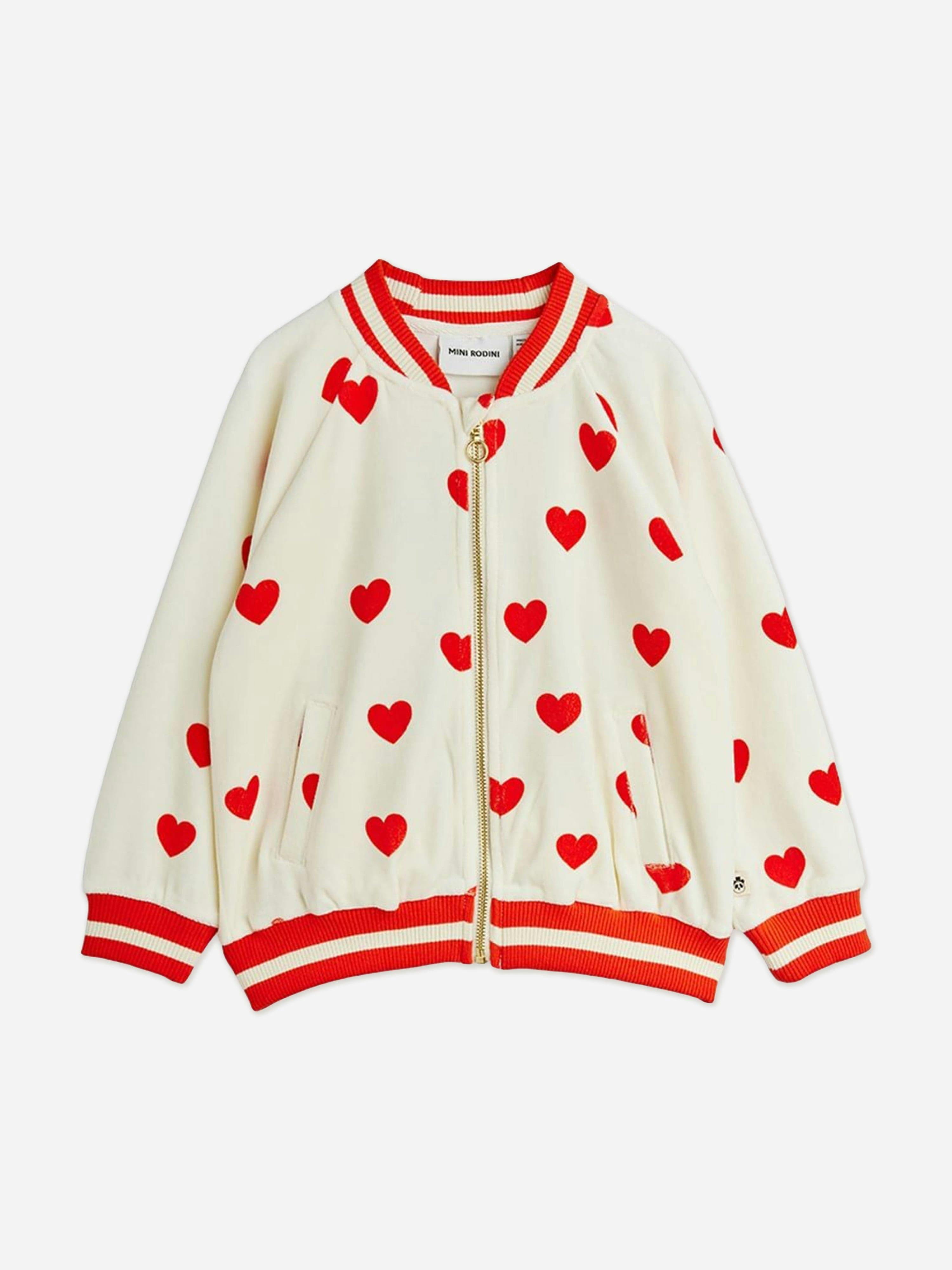 Mini Rodini Girls Ivory Hearts Aop Baseball Cardigan In - 104-110 Cm (3-5 Yrs)
