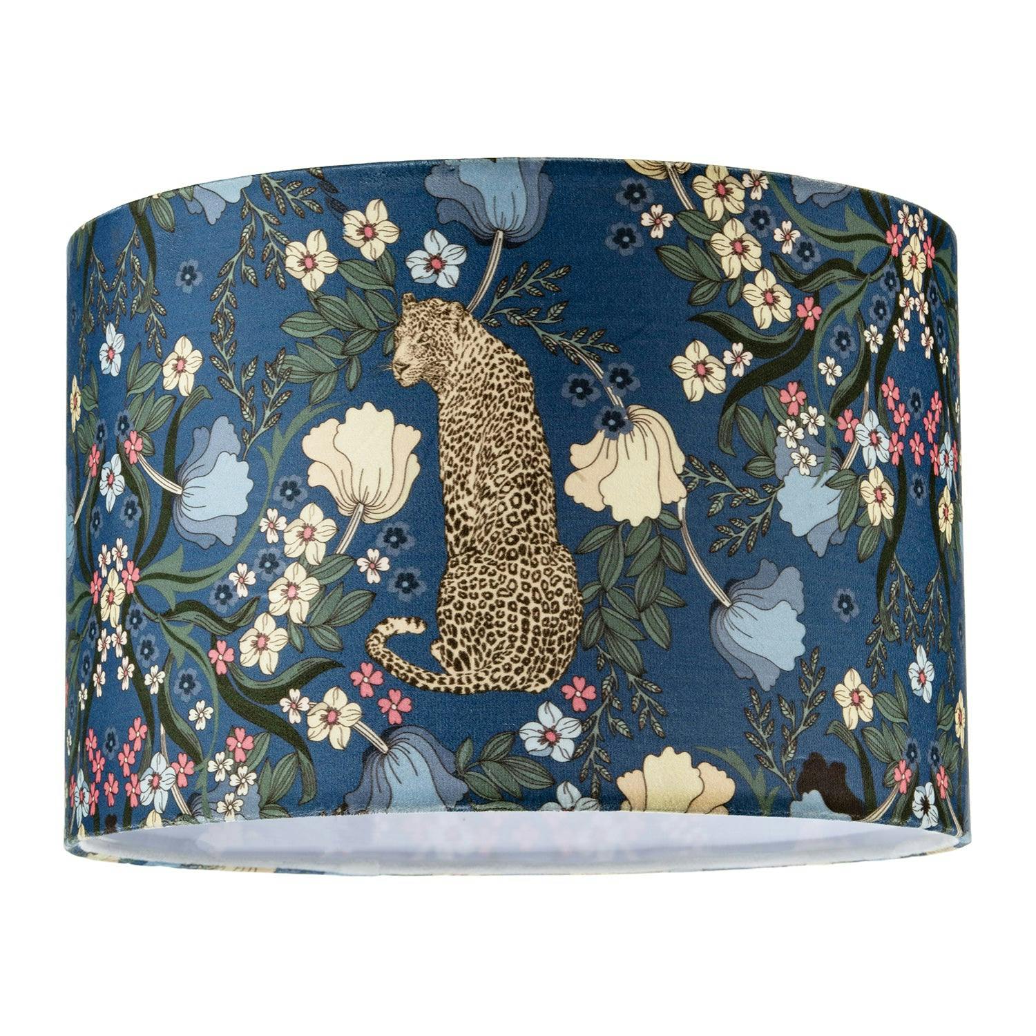 Happy Homewares Blue Rich Midnight Lampshade With Leopard And Botanical Foliage Design