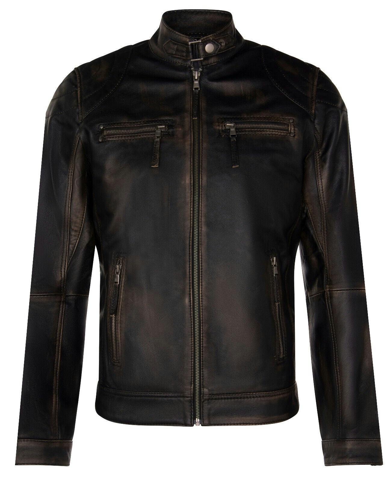 Infinity Leather Men's Black Leather Biker Vintage Zipped Racing Jacket - Uk 4XL | Eu 58 | Us 48 - Vintage